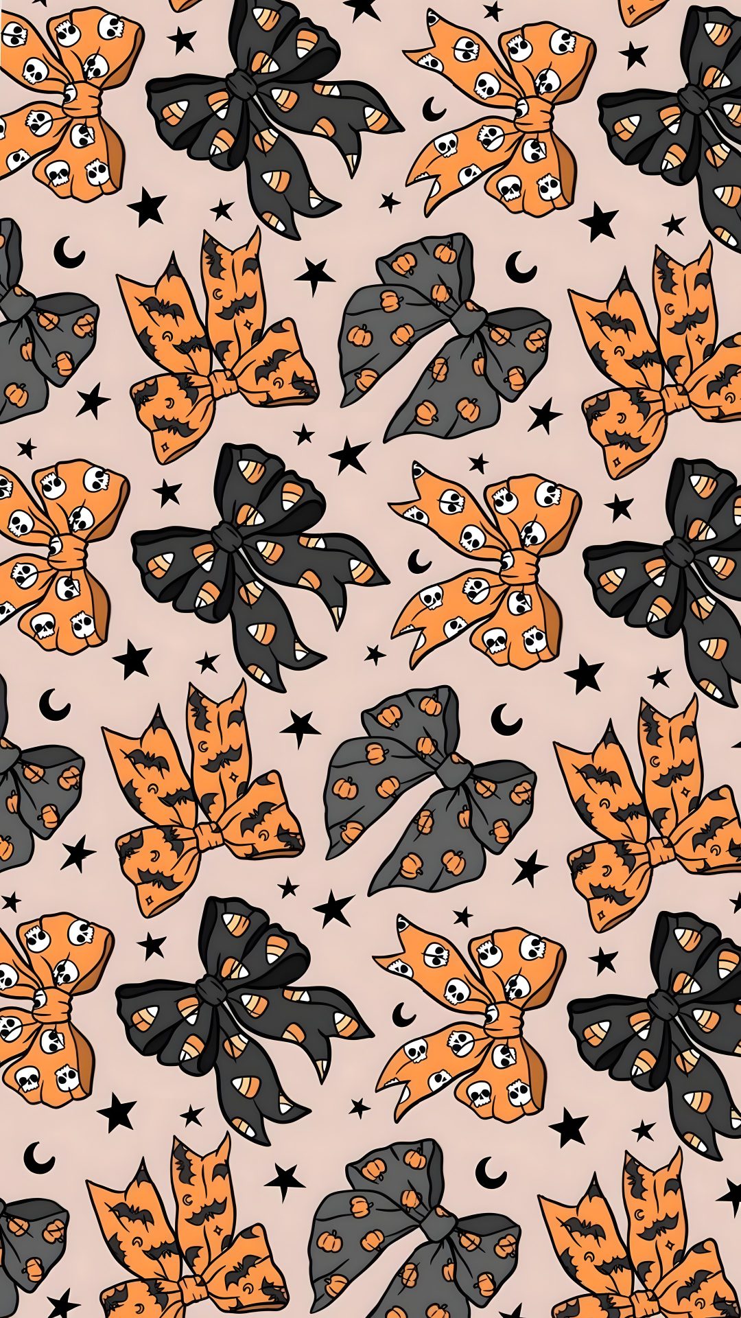 an orange and black cat with stars on it's head is in the middle of a pattern Halloween Bow sandy brown