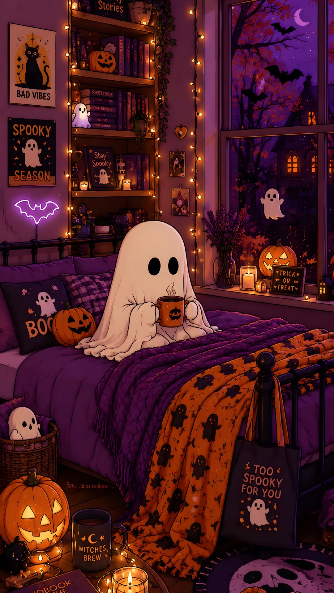a bedroom decorated for halloween with pumpkins and ghost decorations Halloween For Bedroom maroon
