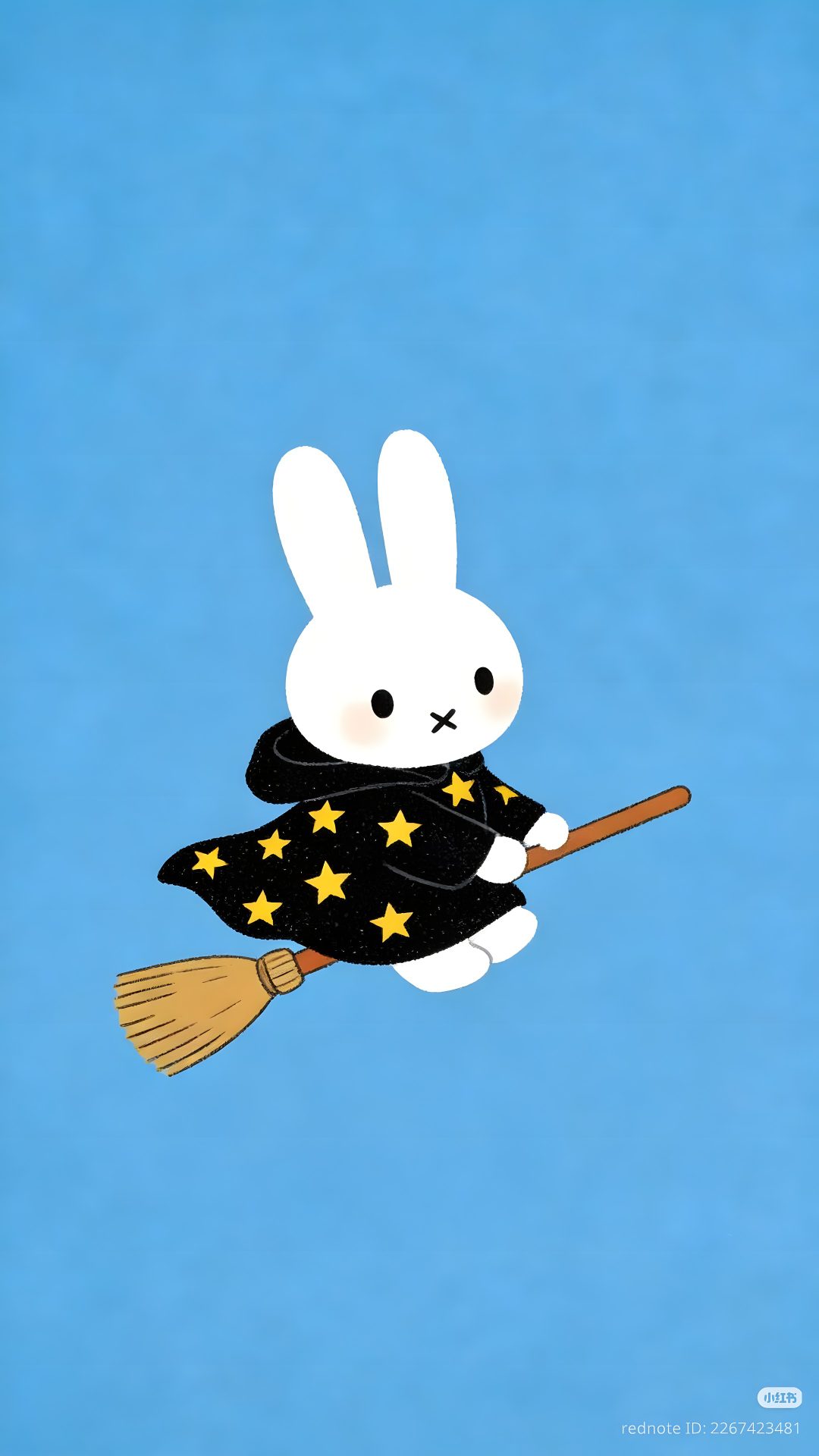 a white rabbit flying through the air with a broom in it's hand and wearing a black outfit Miffy Halloween cornflower blue
