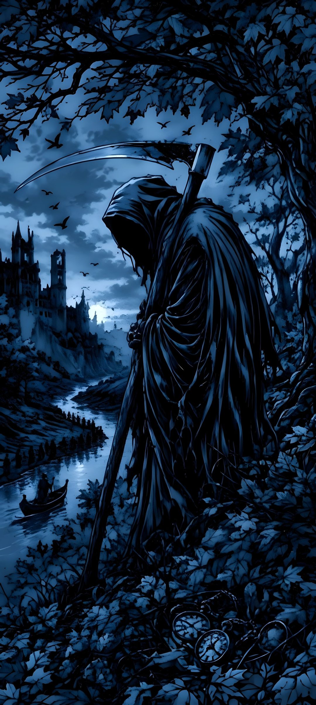 a painting of a man with a scythe in his hand Grim Reaper Halloween black