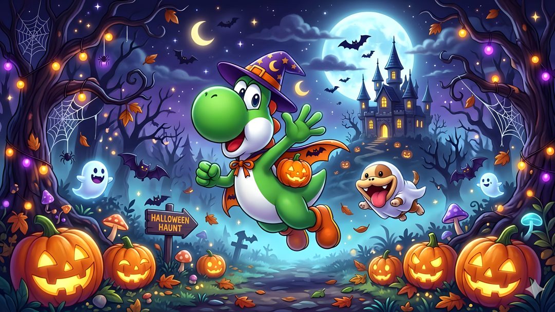 a cartoon character flying through the air in front of halloween pumpkins and ghost's Nintendo Halloween Yoshi Halloween, Halloween, dark slate gray