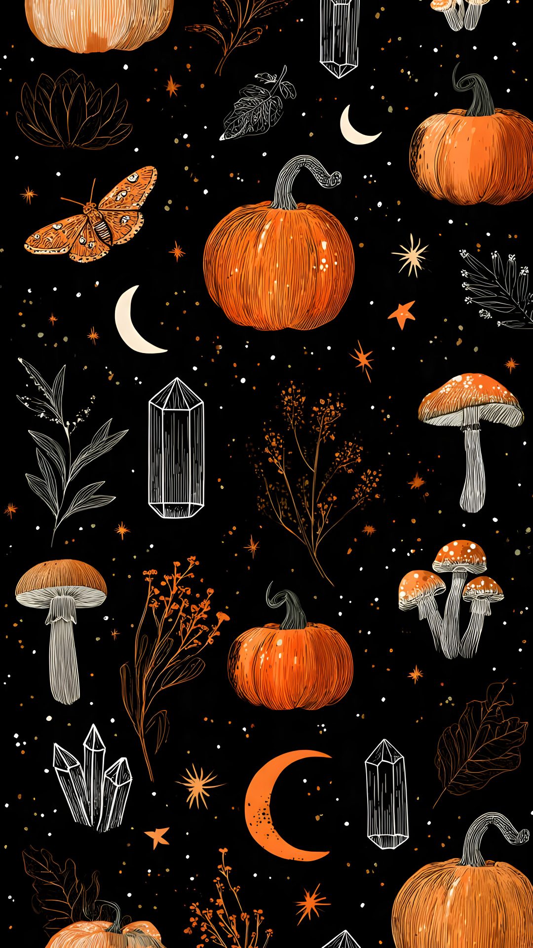 an image of pumpkins and mushrooms in the night sky with stars, moon, and trees Dnd Halloween Pattern, black