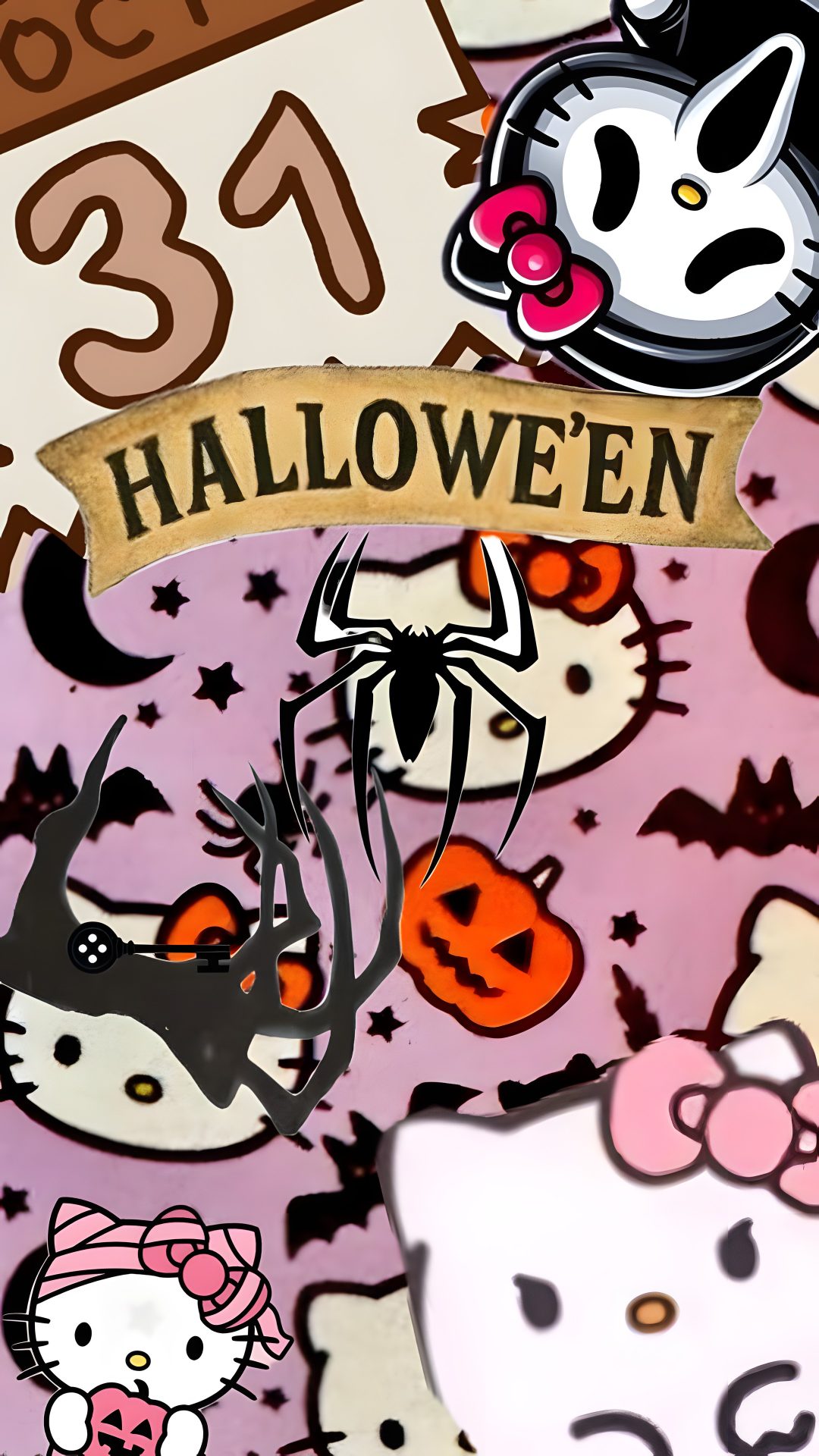 the hello kitty wallpaper has been changed to pink and black with white cats on it Hello Kitty Y2k Halloween rosy brown