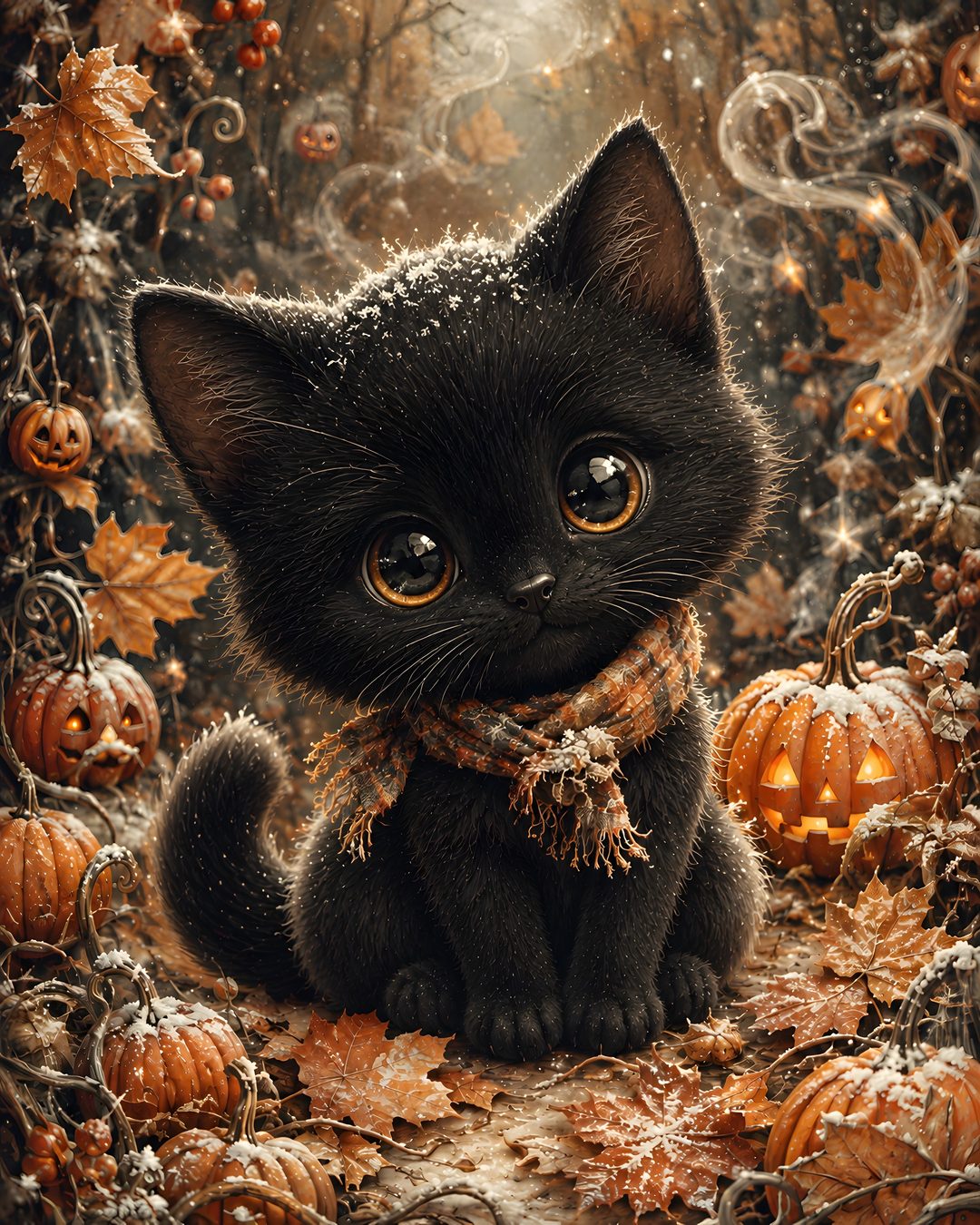 a black kitten sitting on top of a pile of pumpkins next to a forest Halloween Kittens dark olive green