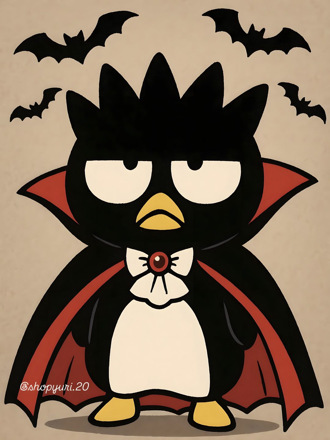an image of a cartoon penguin with bats on it's back and eyes closed Badtz Maru Halloween Hello Kitty Rooms, Hello Kitty Items, Hello Kitty, Kitty, Pink, dark khaki