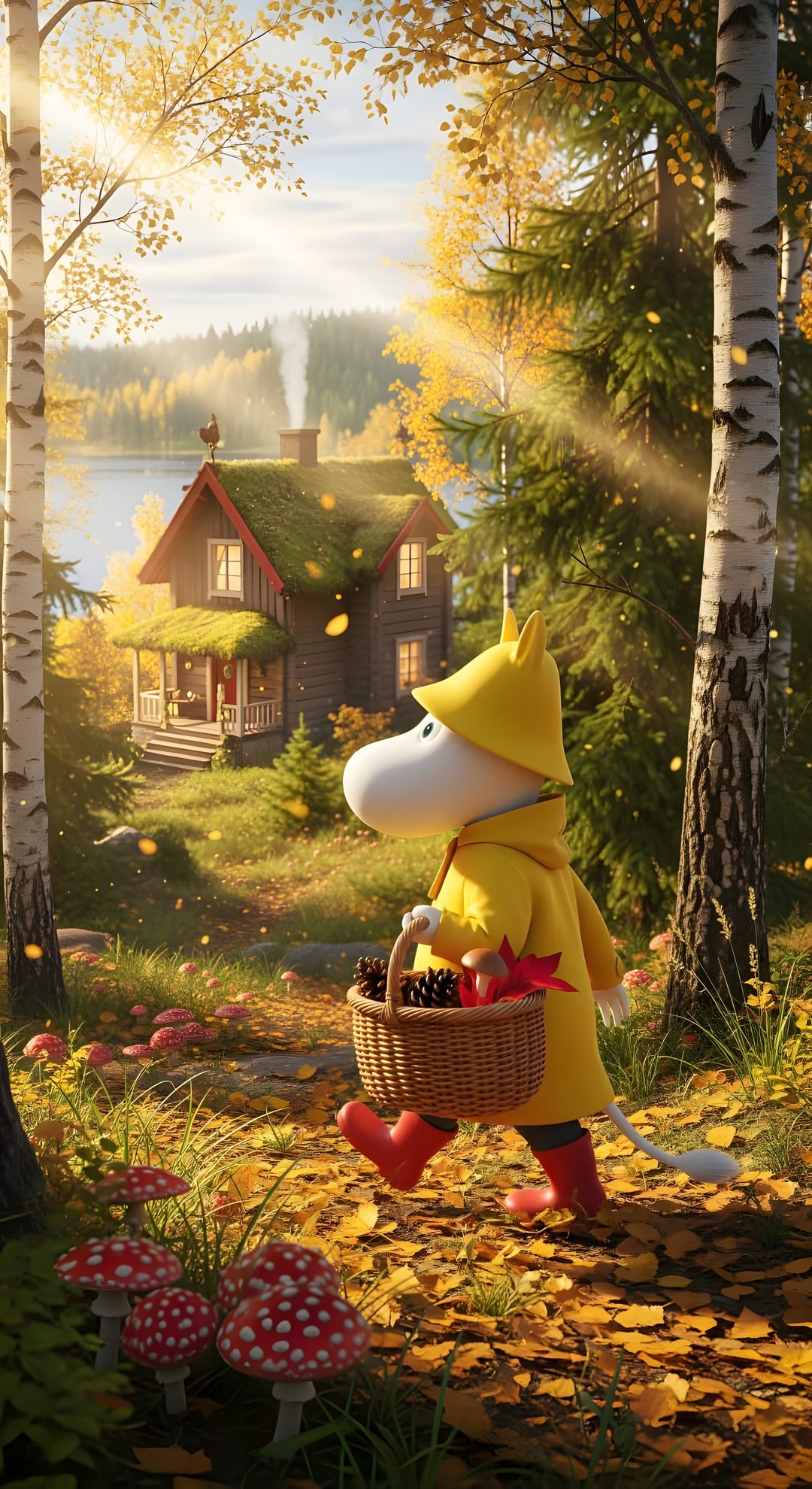 a cartoon bear carrying a basket full of mushrooms in the woods next to a house Moomin Halloween Cute Moomin, Moomin, Life Art, Finland, sienna