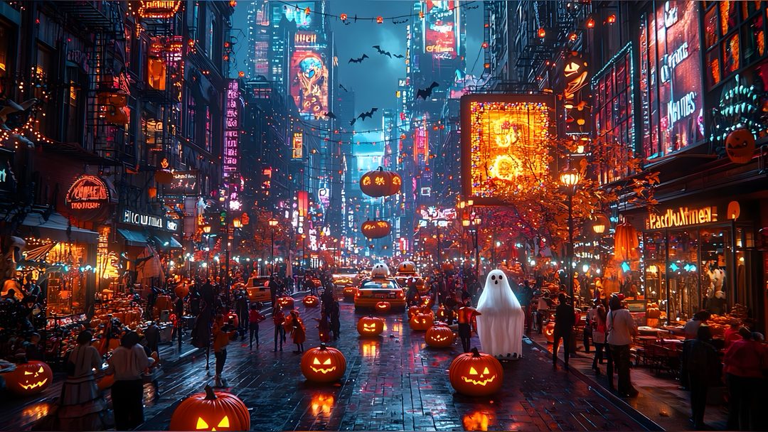 a city street filled with lots of halloween pumpkins and jack - o'- lanterns Halloween City Hd dark slate gray