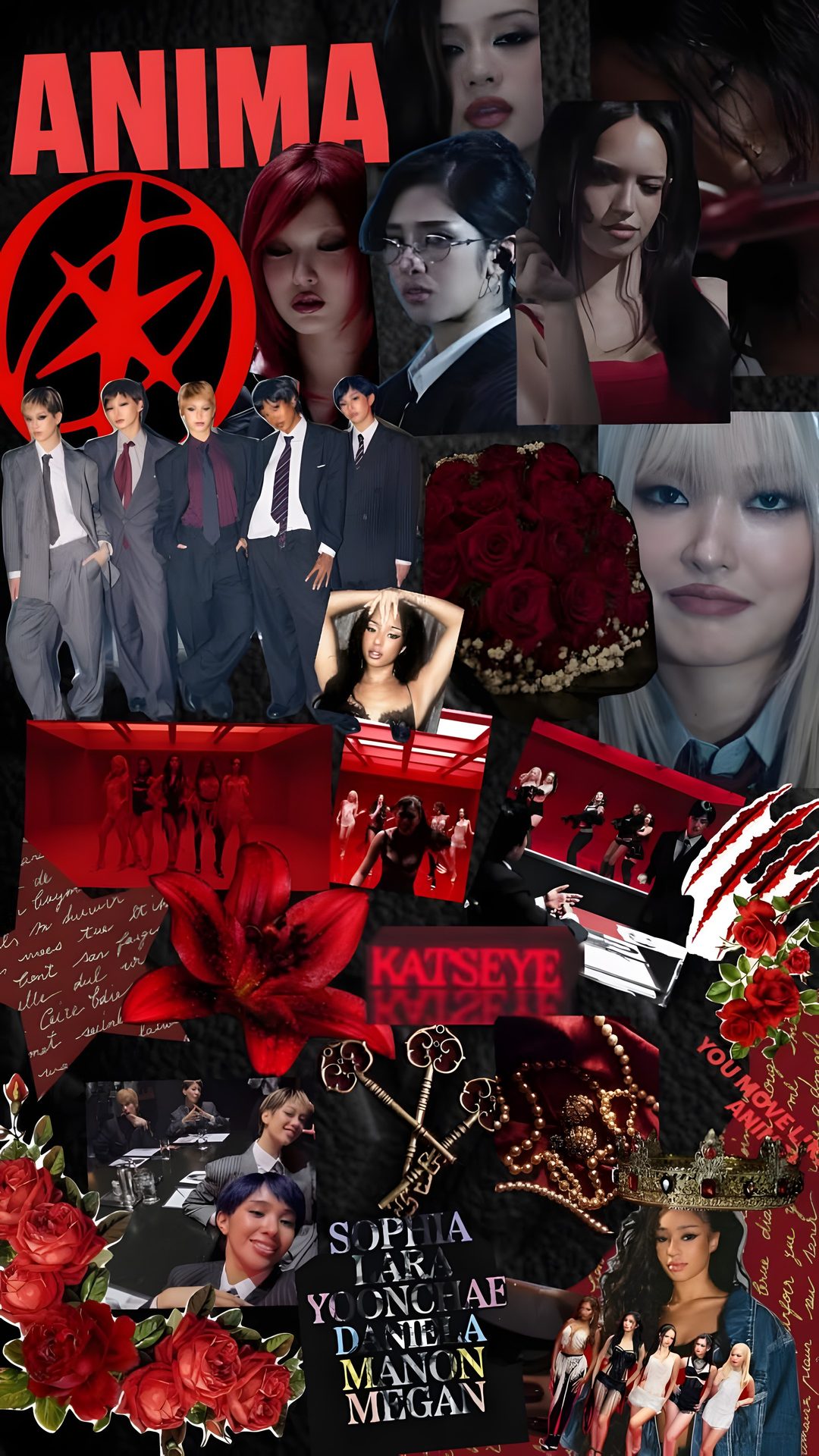 the collage has many different pictures and words on it, including an image of a woman Katseye Halloween Animals, black