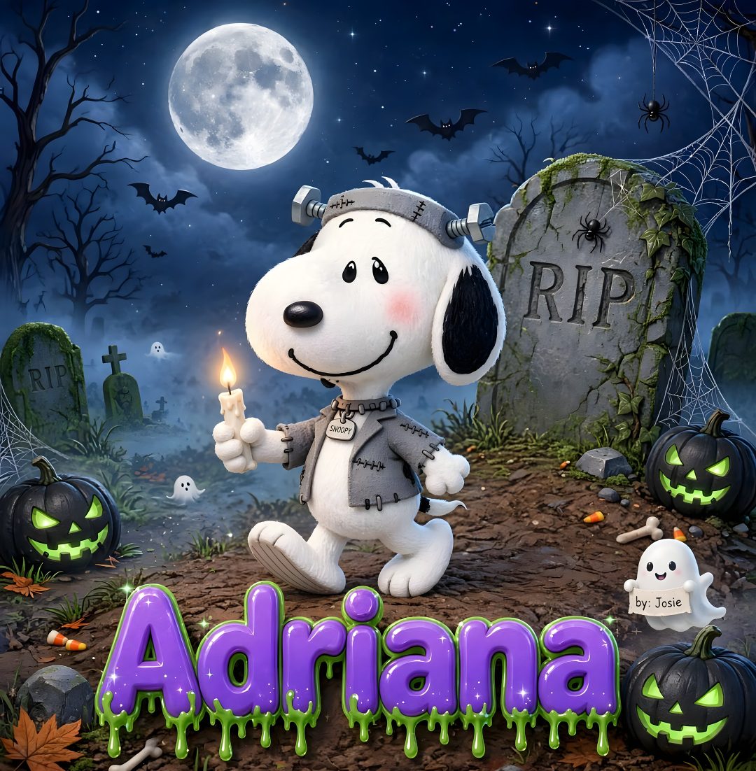 a cartoon dog dressed up as a person with a candle in his hand and pumpkins around him Happy Halloween Charlie dark slate gray