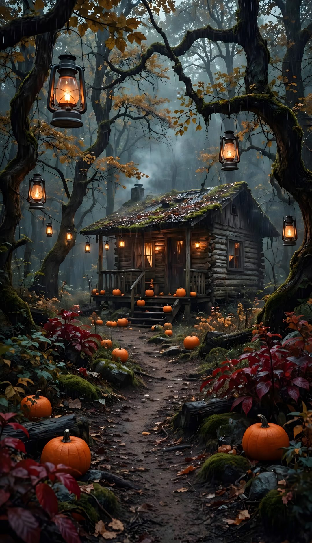 an old cabin in the woods with lanterns hanging from it's roof and pumpkins growing on the ground Halloween Forest House dark slate gray