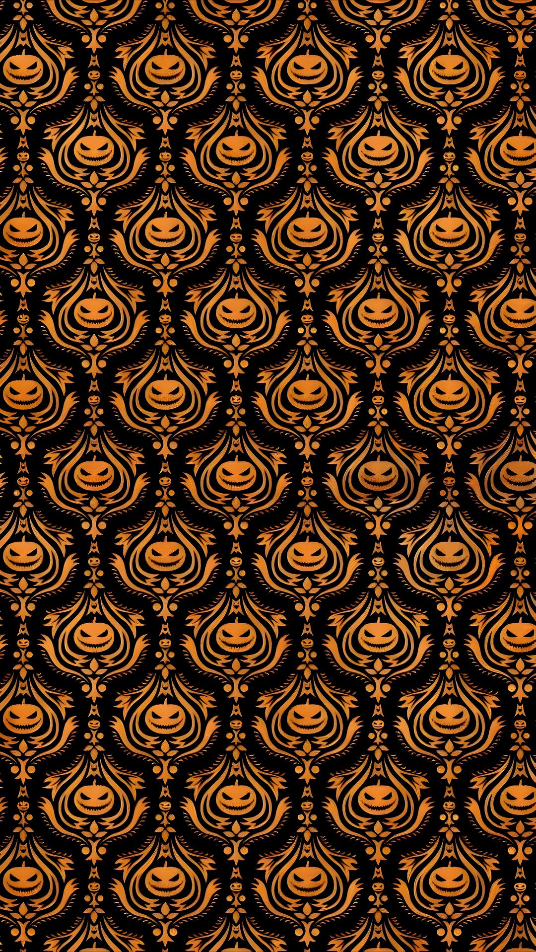an orange and black wallpaper pattern with swirls on the bottom, in different colors Halloween Trellis Ikat Custom Halloween, Orange And Black Damask Background,