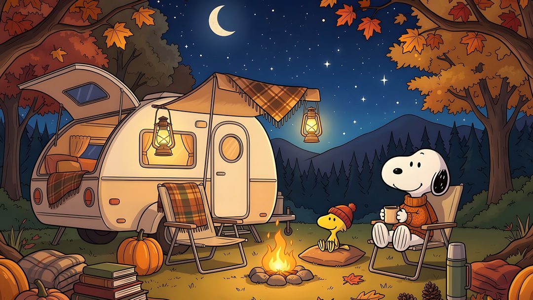 a cartoon dog sitting in front of a camper at night Snoopy Halloween Laptop dark olive green
