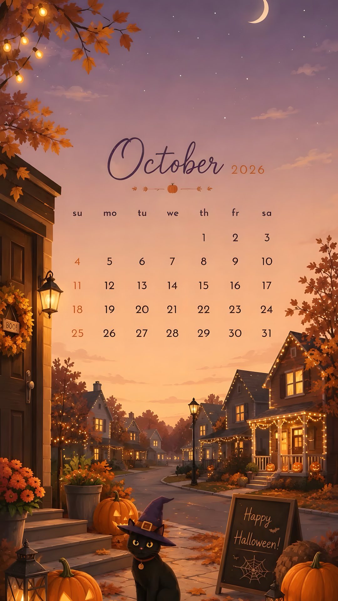 a calendar with a black cat sitting in front of pumpkins on the ground and a full moon behind it Halloween Calendar gray
