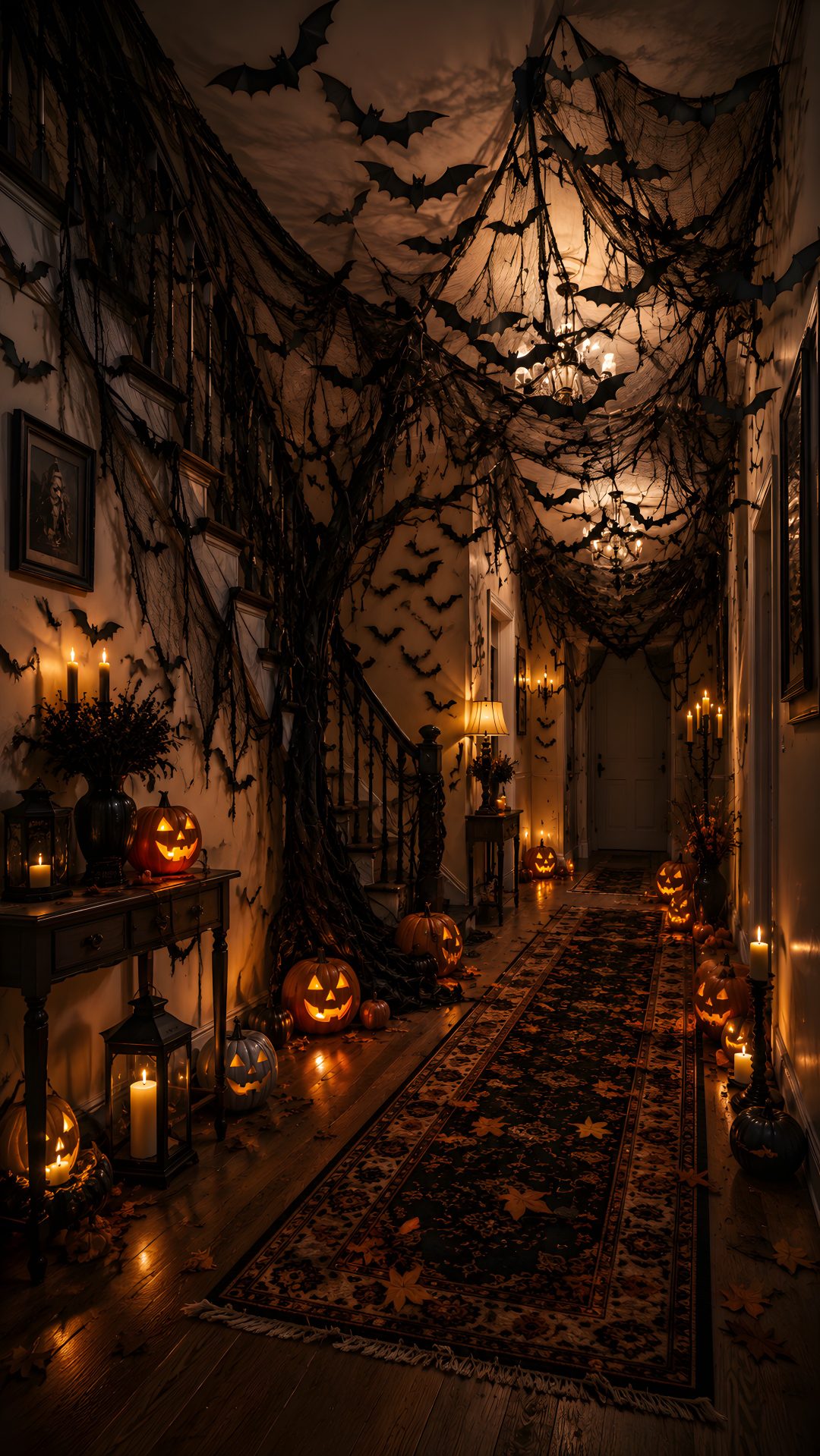 a hallway decorated for halloween with pumpkins and bats on the ceiling, candles and decorations Halloween Hallway black