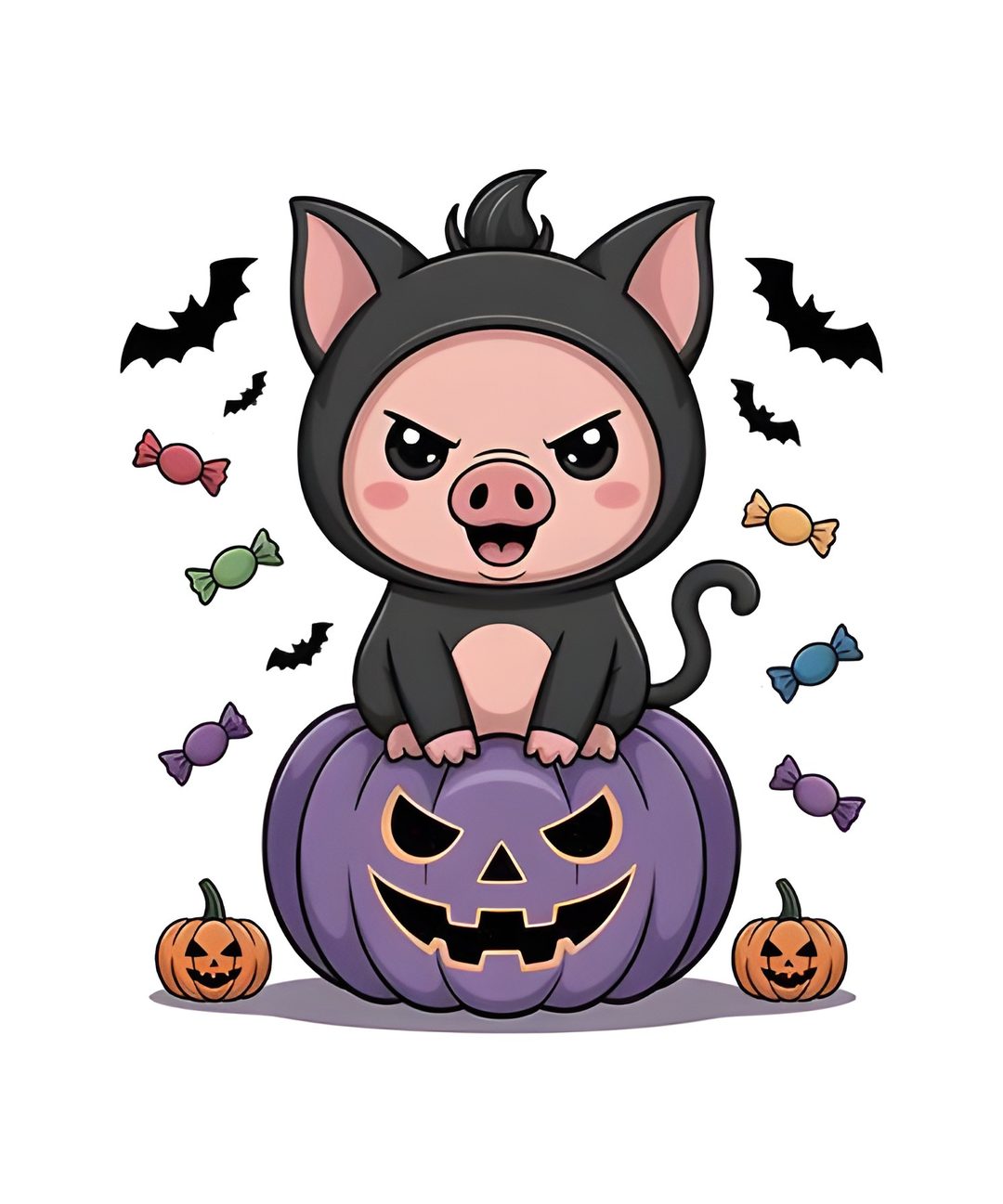 a little pig sitting on top of a pumpkin with bats around it's legs Halloween Pig Halloween Clipart, Doodles, Clip Art, Halloween, Drawings, white