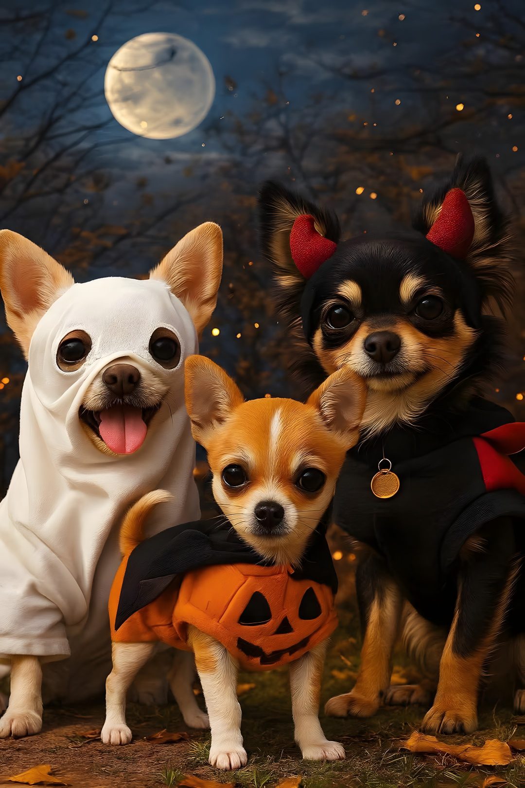 three chihuahua dogs dressed up in halloween costumes with pumpkins and bats around their necks Halloween Chihuahua Chihuahua, Halloween, dark slate gray