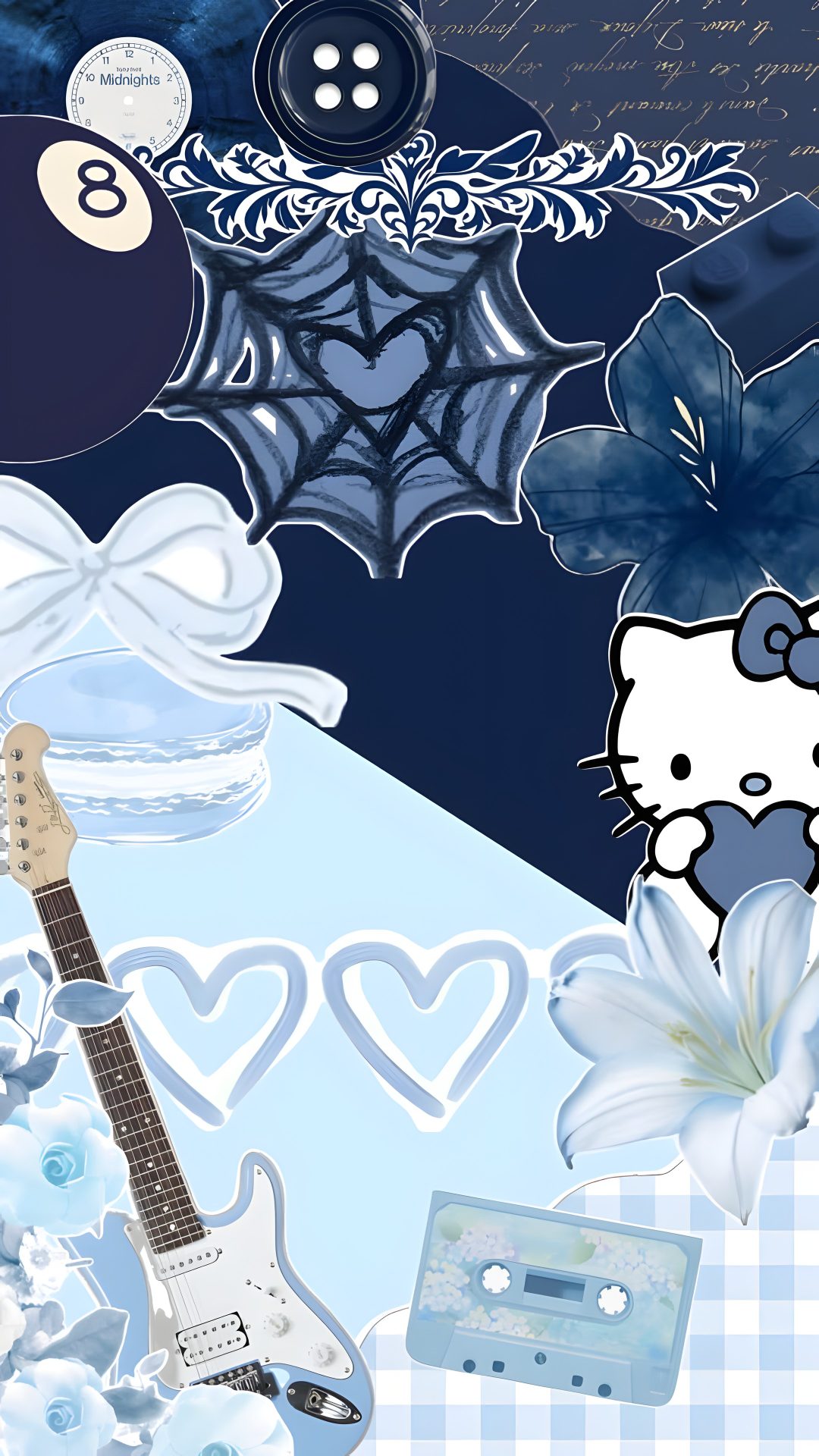 an image of a hello kitty wallpaper with blue and white flowers, guitar, headphones, and other items Blue Hello Kitty Halloween Hello Kitty, Blue Hello Kitty, Kitty, Blue,