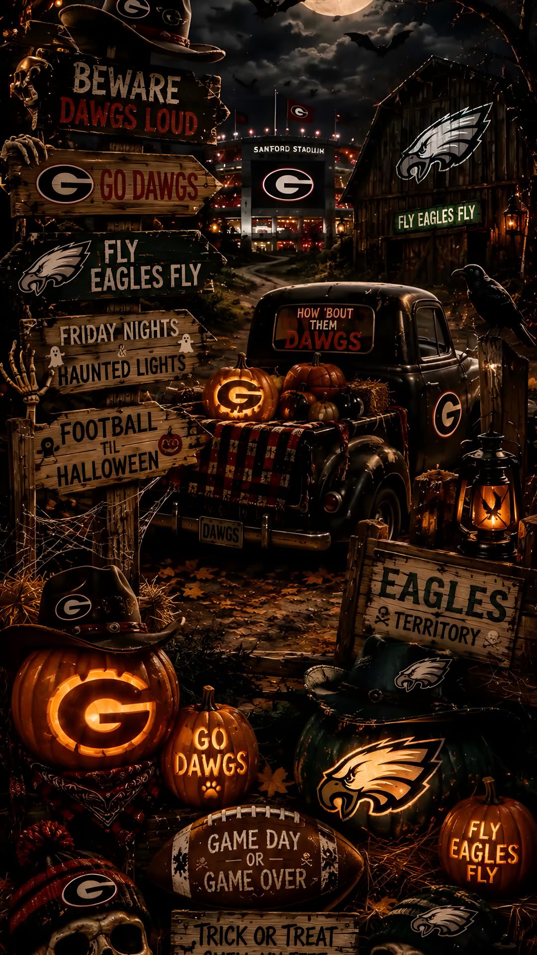 an image of halloween signs and pumpkins on the ground Halloween Nfl Eagles, Phone, Halloween, black