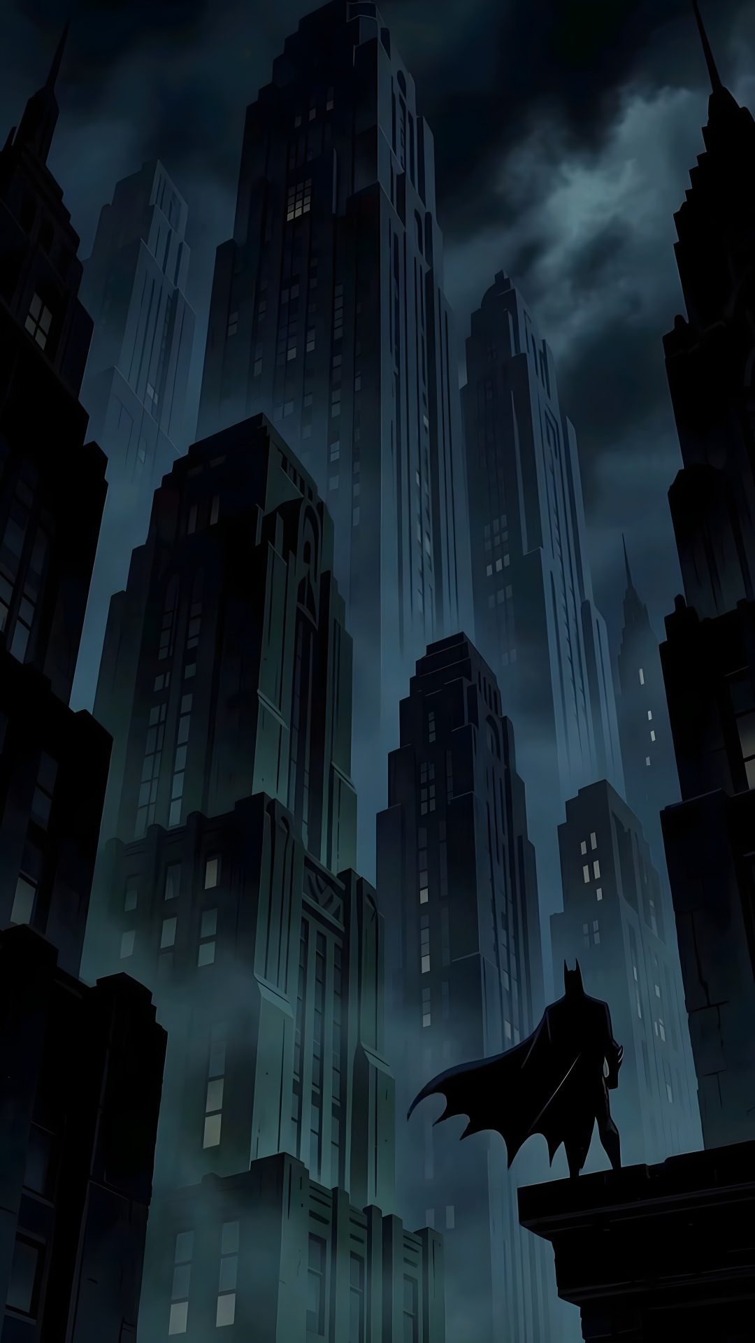 the dark knight rises in batman's cityscape at night with bats flying overhead Batman The Long Halloween black
