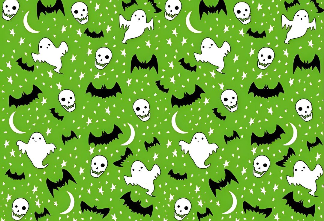 a green background with skulls, bats and stars Green Halloween Desktop Snoopy, Fictional Characters, Pattern, olive drab