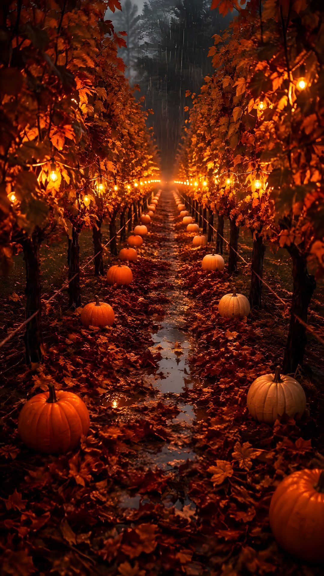 a row of pumpkins in the middle of a tree lined path with lights on them Halloween Pumpkin Path Halloween, maroon