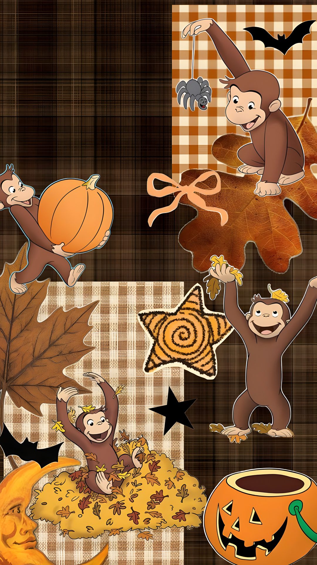 an image of monkeys and pumpkins on the table Curious George Halloween Fall Vibes, Curious George, Collage, Orange, Halloween, sienna