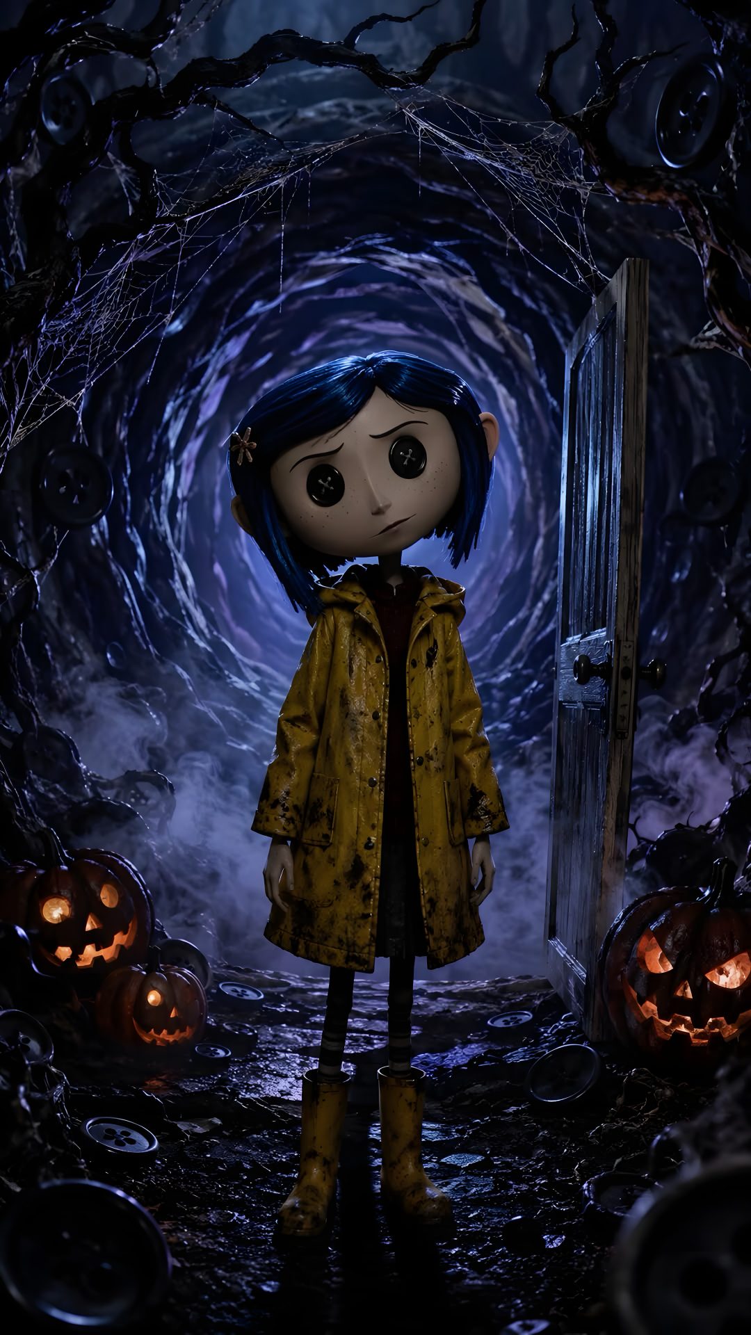 a doll is standing in the middle of a dark tunnel with pumpkins around it Halloween Characters black