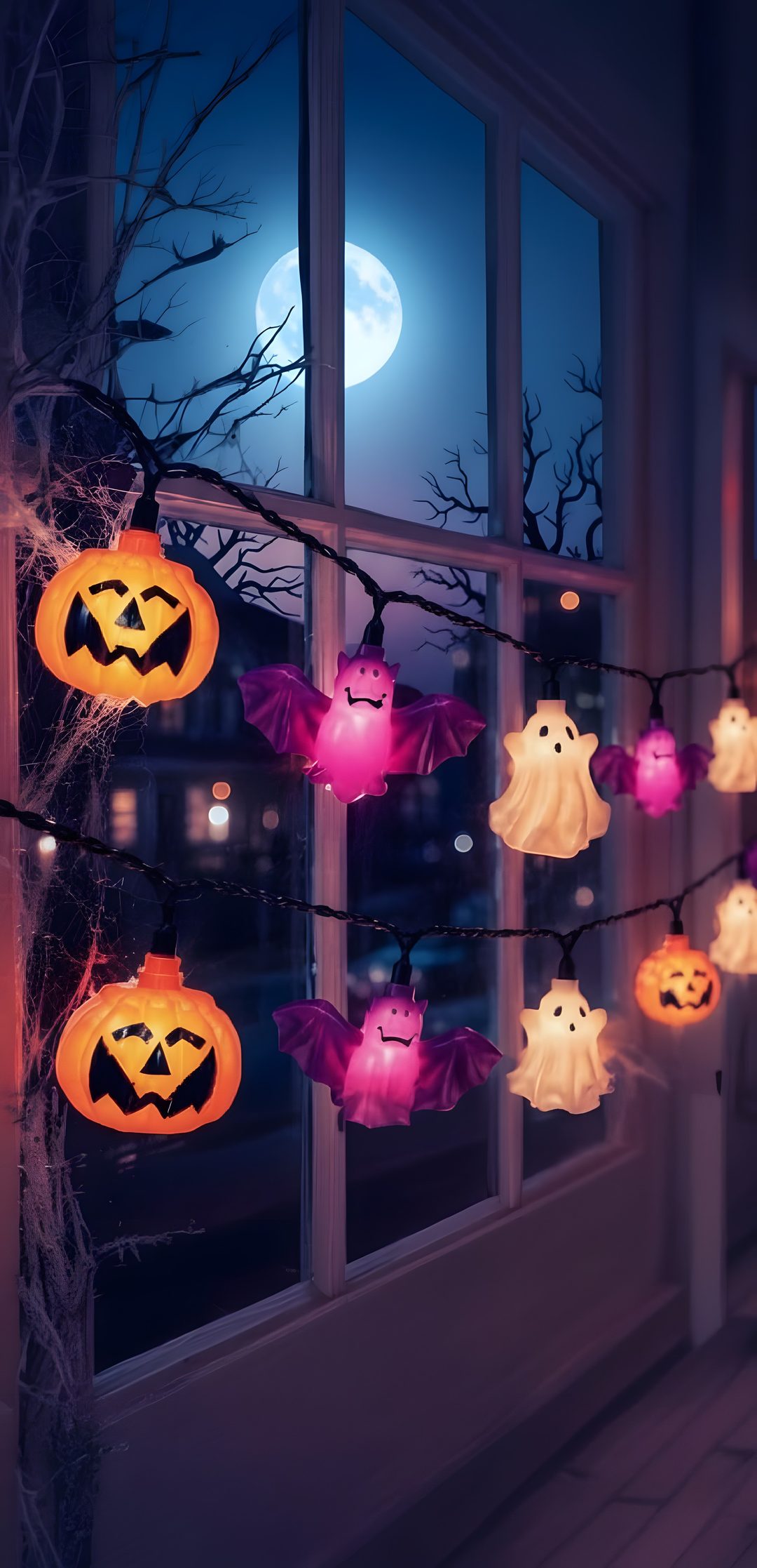 halloween decorations hanging from a window at night Halloween Home dark slate gray