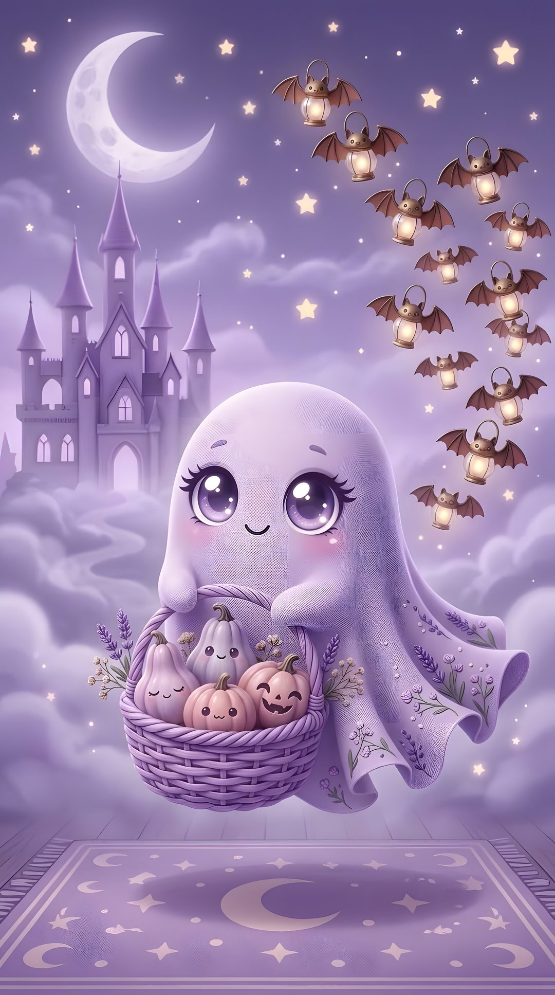 a cute little ghost holding a basket full of pumpkins in front of a castle Purple Girly Cute Halloween Purple dark gray