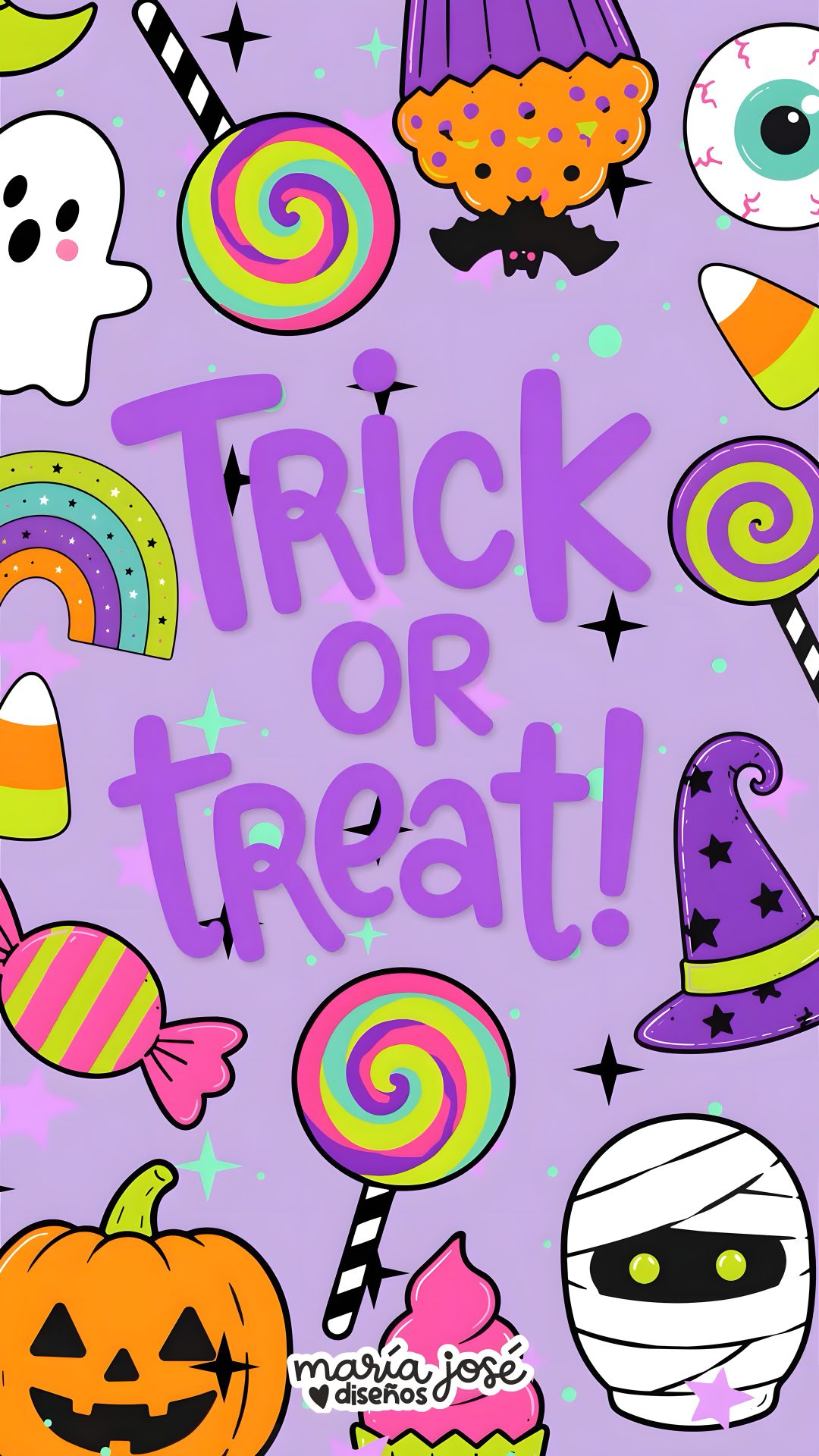 a halloween poster with candy, candies and ghost faces on it that says trick or treat Large Scale Halloween Trick Or Treats plum