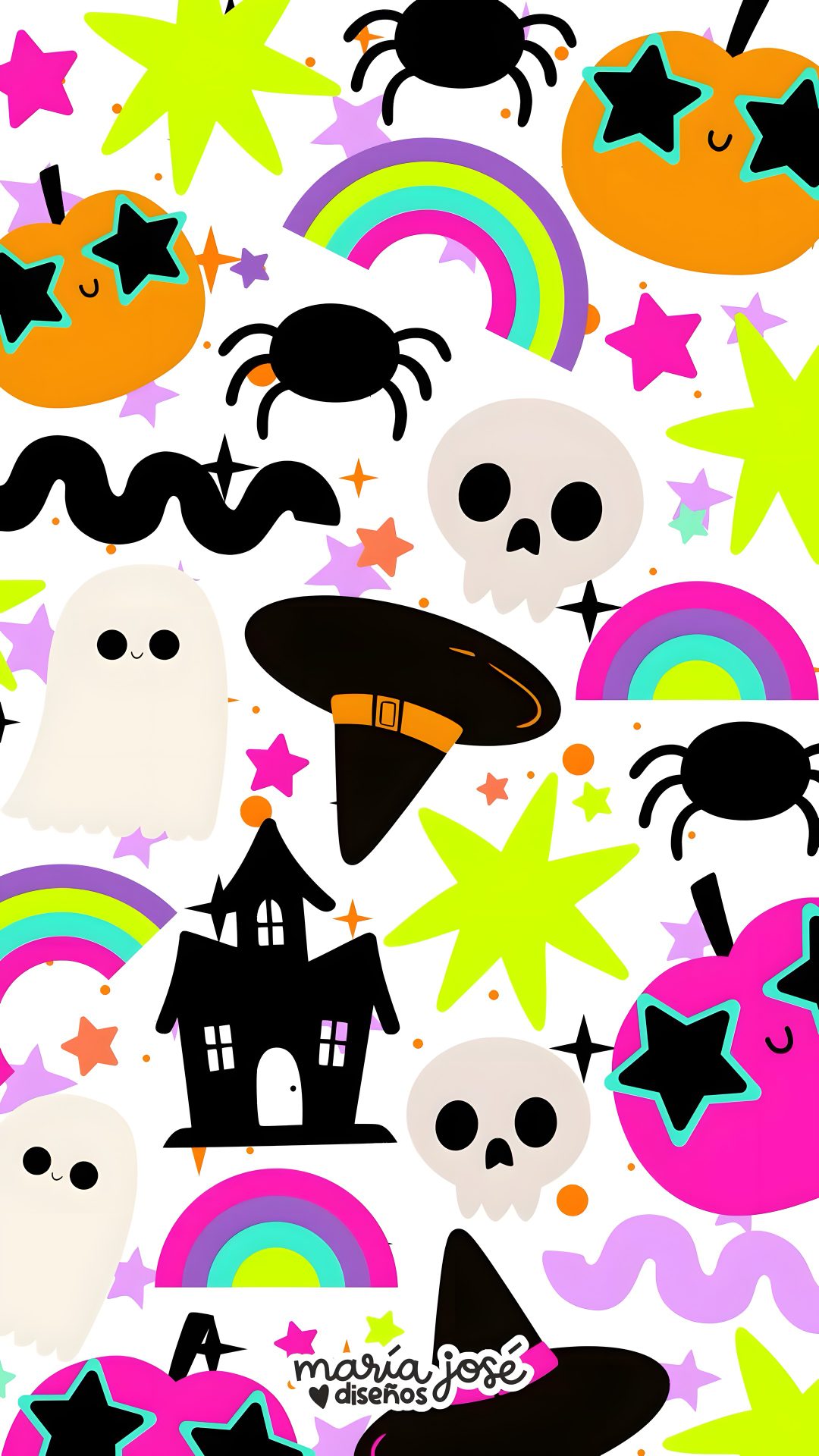 halloween seamless background with skulls and stars Neon Halloween Pattern antique white