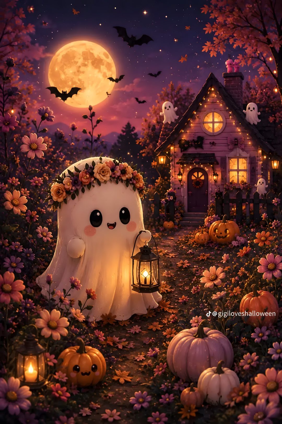 a halloween scene with a ghost holding a lantern in front of a house and pumpkins Halloween Cartoon dark slate gray