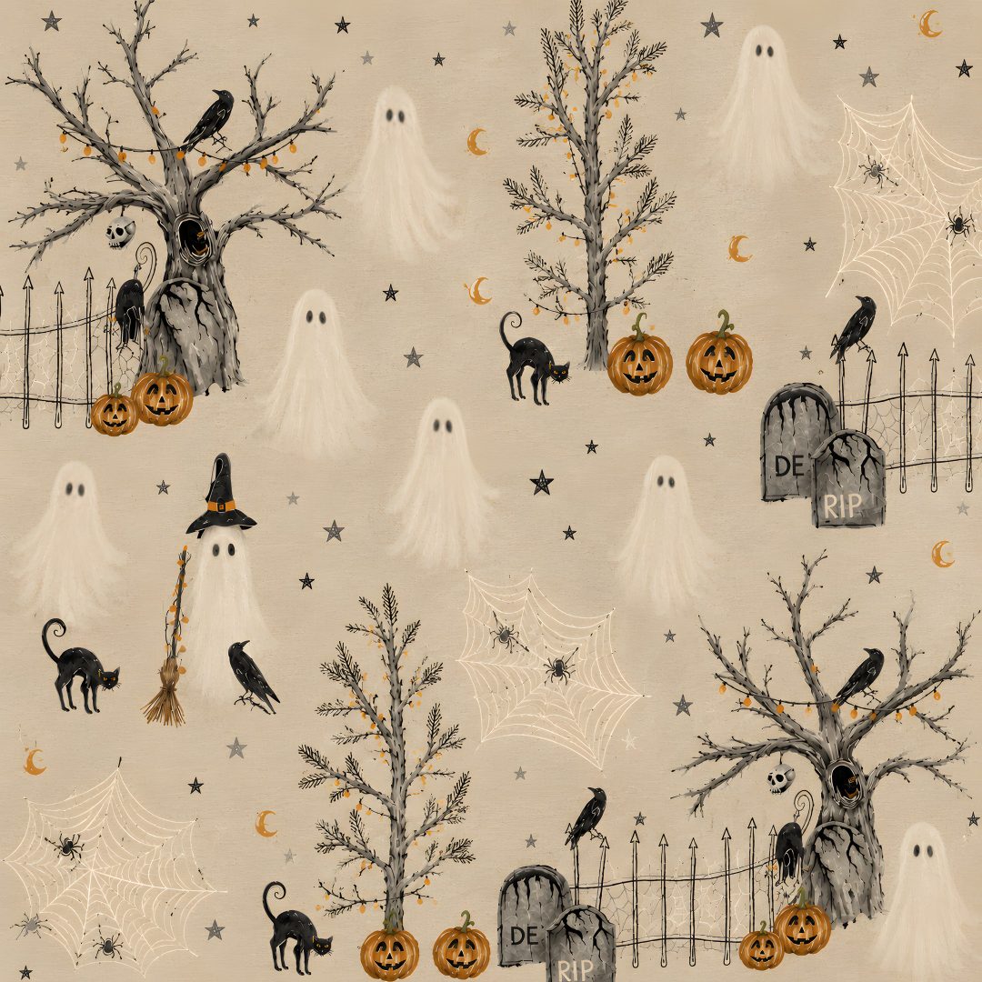 halloween wallpaper with pumpkins, bats and cats in the cemetery on cream background Halloween - Bats And Cats - Cream Haunted Forest, Seamless Patterns, Forest, Pattern, tan