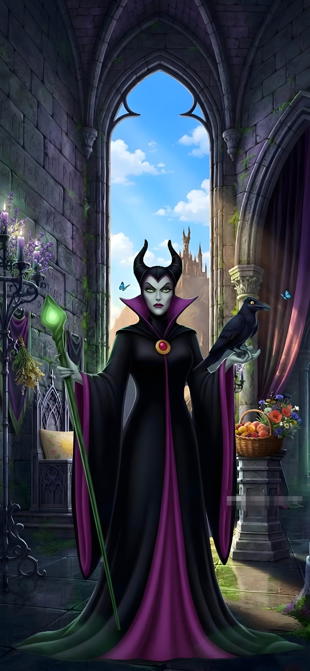 the evil queen from disney's maleficent movie is standing in front of an archway Maleficent Halloween dark slate gray