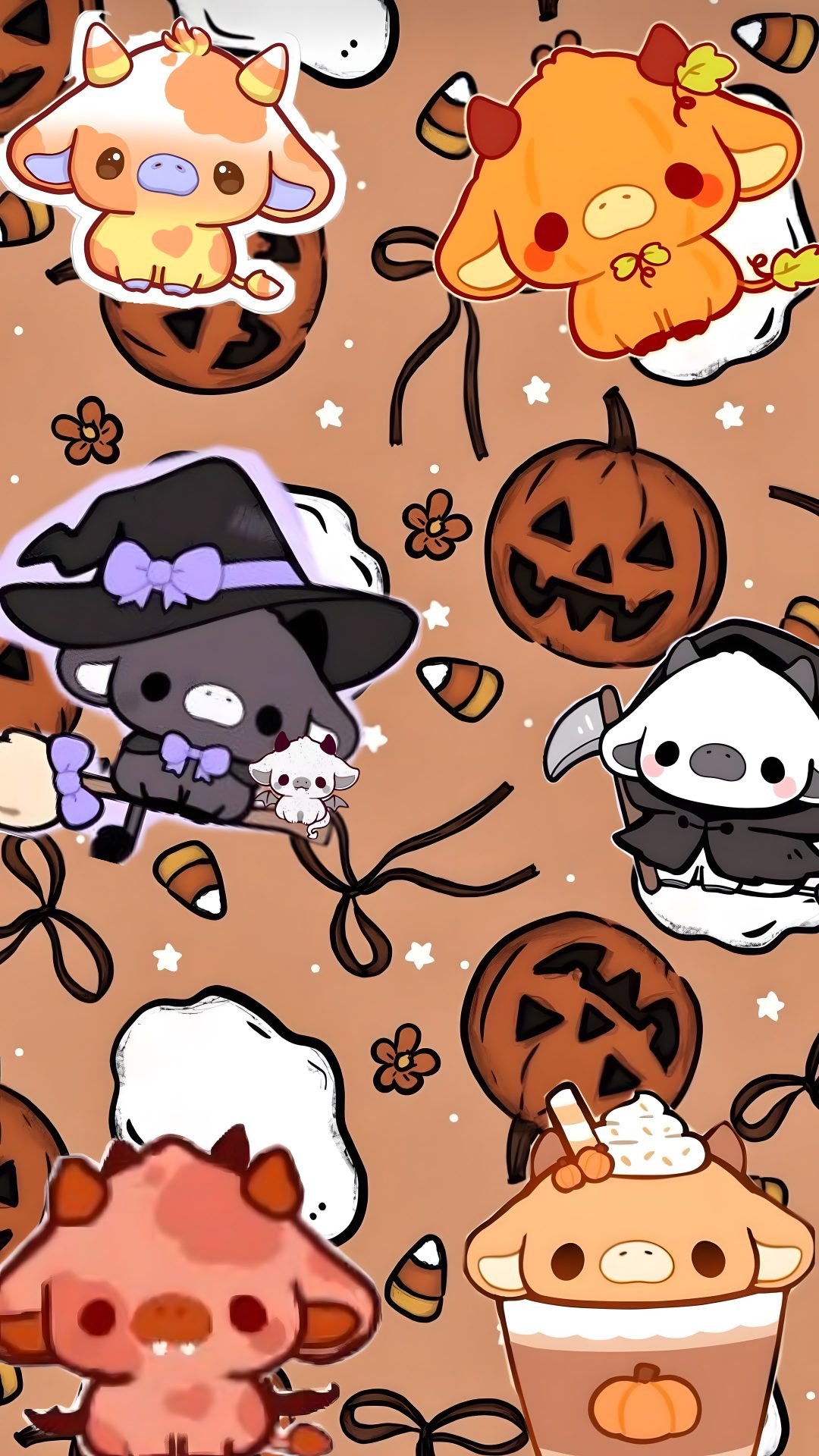 an animal themed wallpaper with pumpkins and cats Halloween Country dark salmon