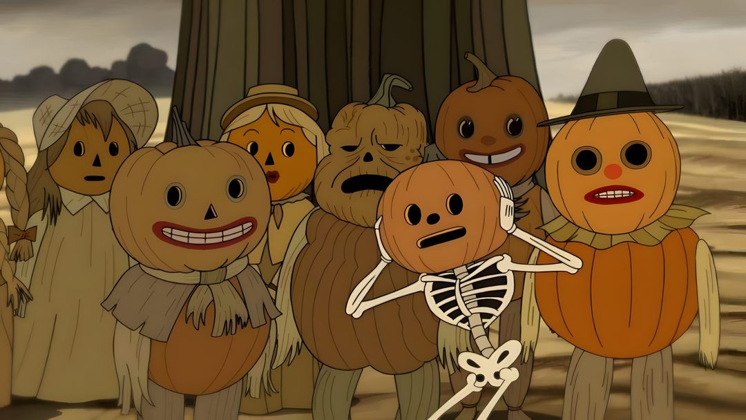 a group of cartoon pumpkins standing next to each other in front of a tree Halloween Over The Garden Wall saddle brown