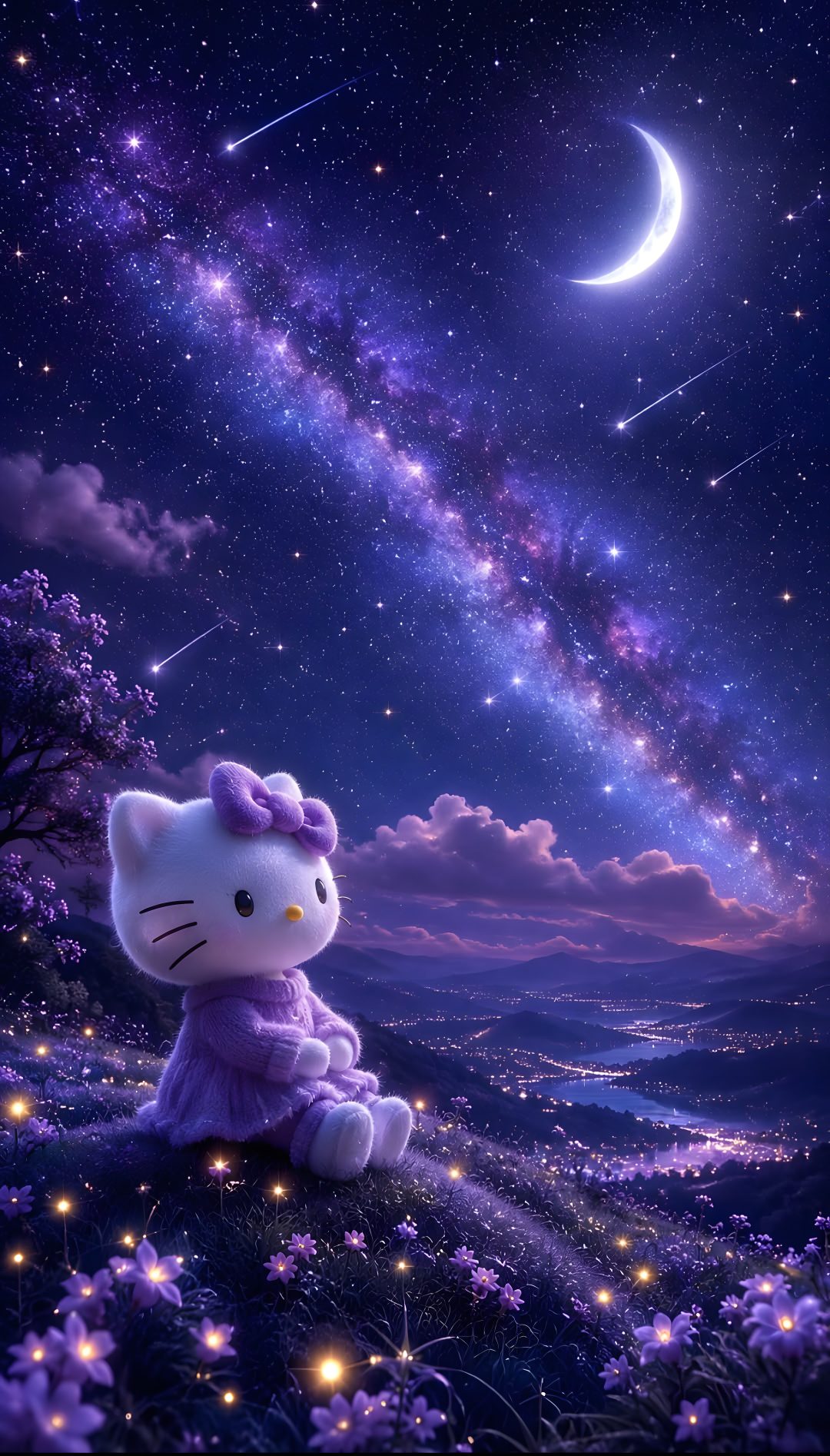 a hello kitty sitting on top of a hill under a night sky filled with stars Purple Hello Kitty Halloween midnight blue