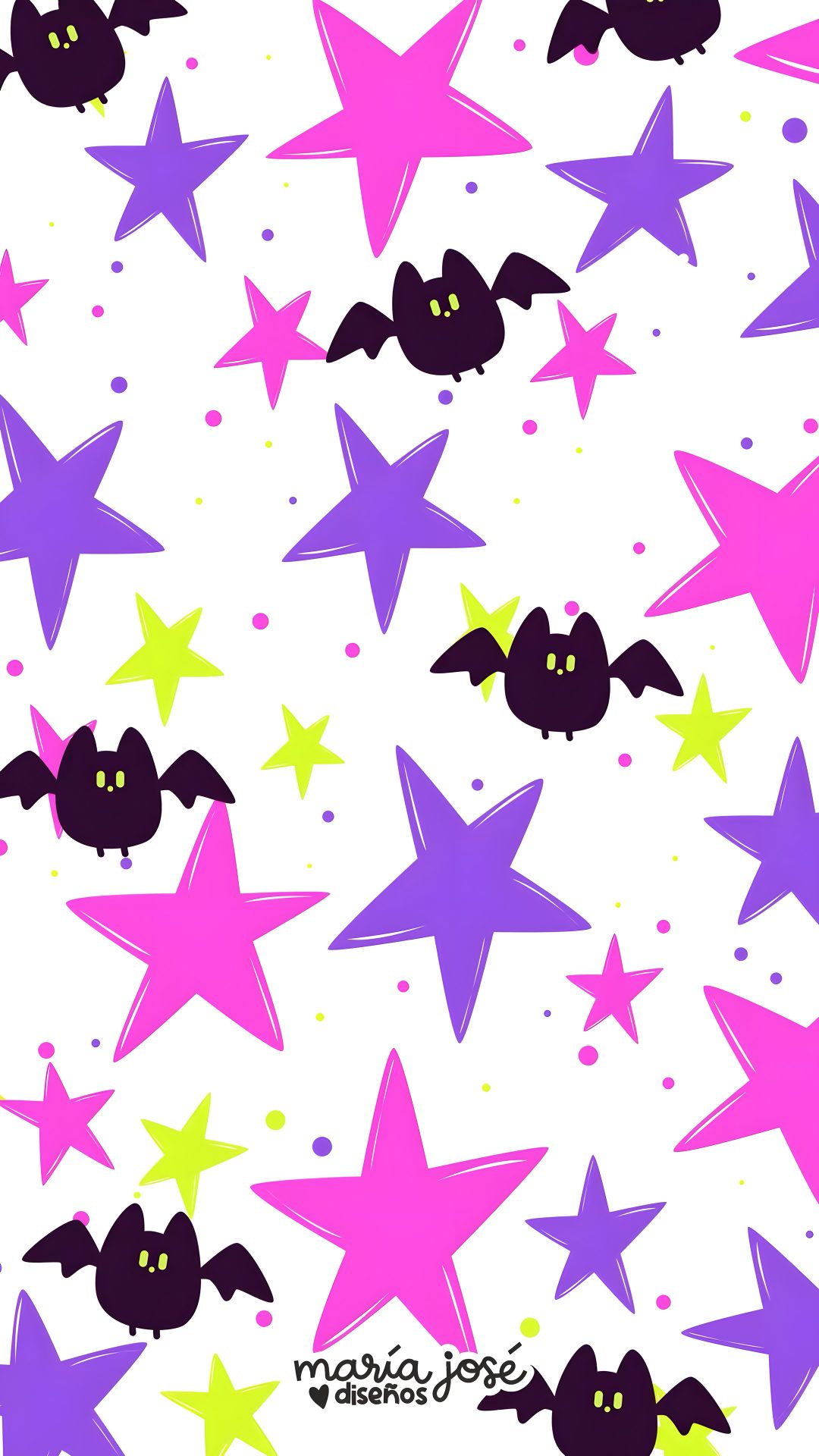 Fondo de Halloween con estrellas y murciélagos en rosa, morado y verde neón. Perfecto para wallpapers y diseños creativos. #Halloween #HalloweenPattern #HalloweenWallpaper #BatHalloween #SpookyAesthetic #NeonHalloween #MariaJoseDiseños Neon Halloween Pattern white