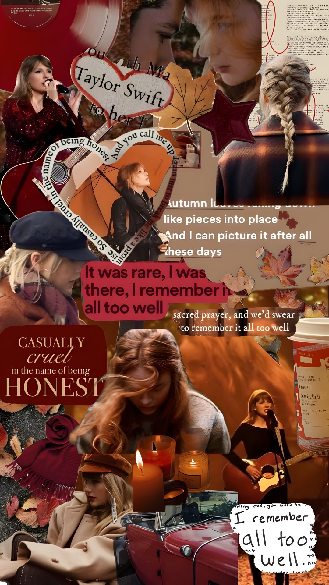 the collage shows many different pictures and words on each page, including an image of a Aesthetic Taylor Swift Halloween Fall Background, All Is Well, Taylor Swift, saddle brown