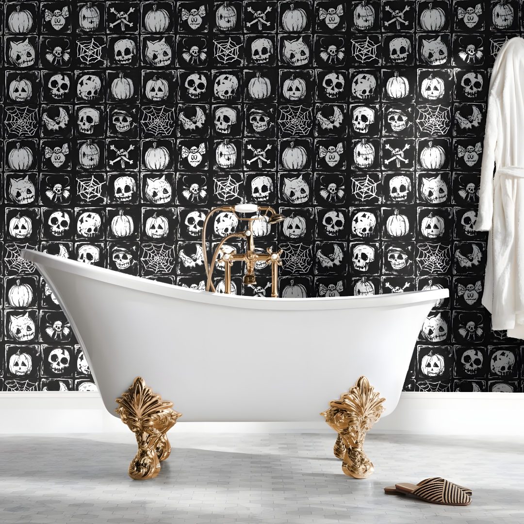 a white bath tub sitting next to a black and white wall with skulls on it Halloween Themed Bathroom dark gray