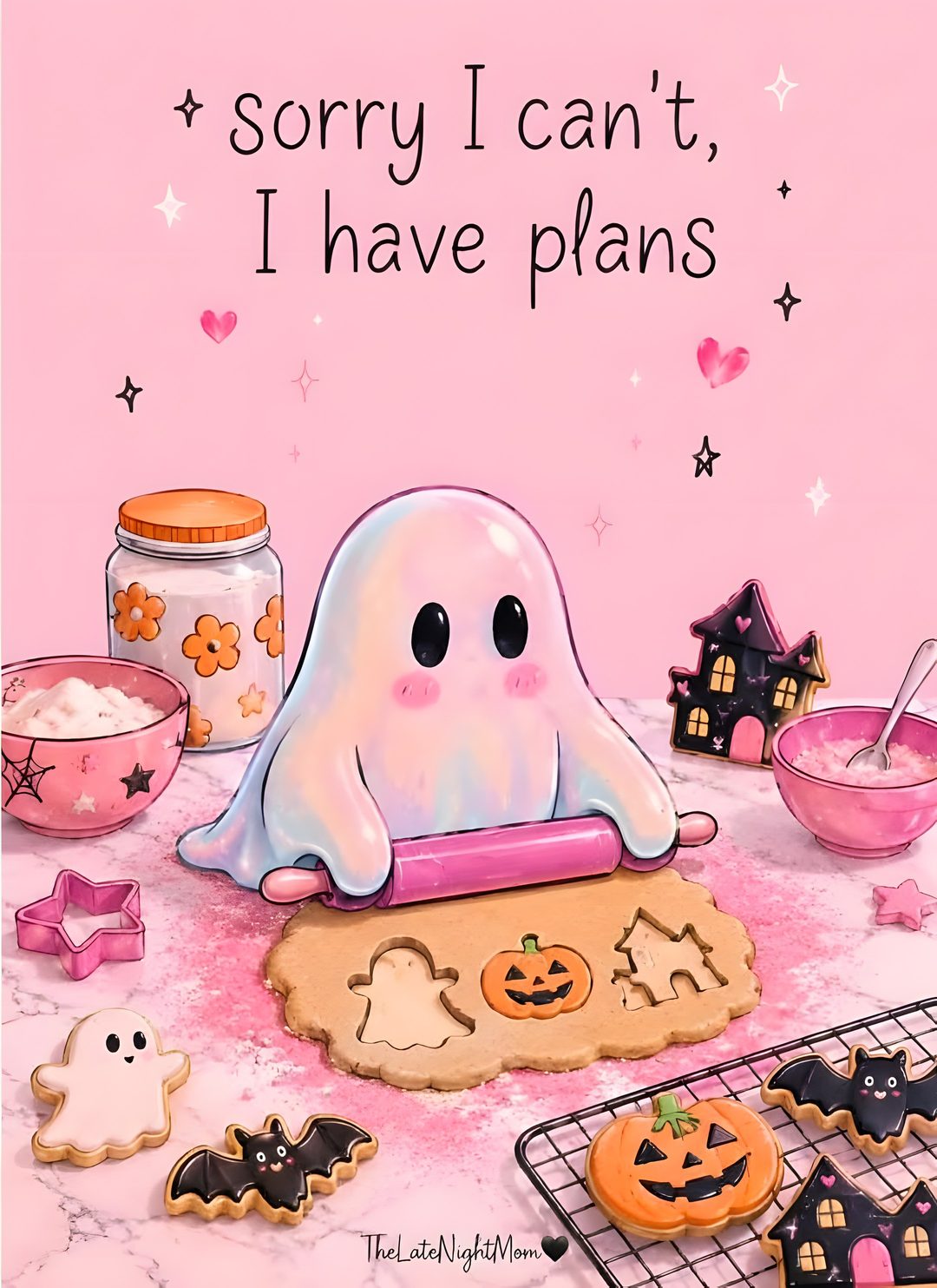 a halloween card with a ghost and cookies on the table next to it is an image of some spooky treats Cute Funny Halloween pink