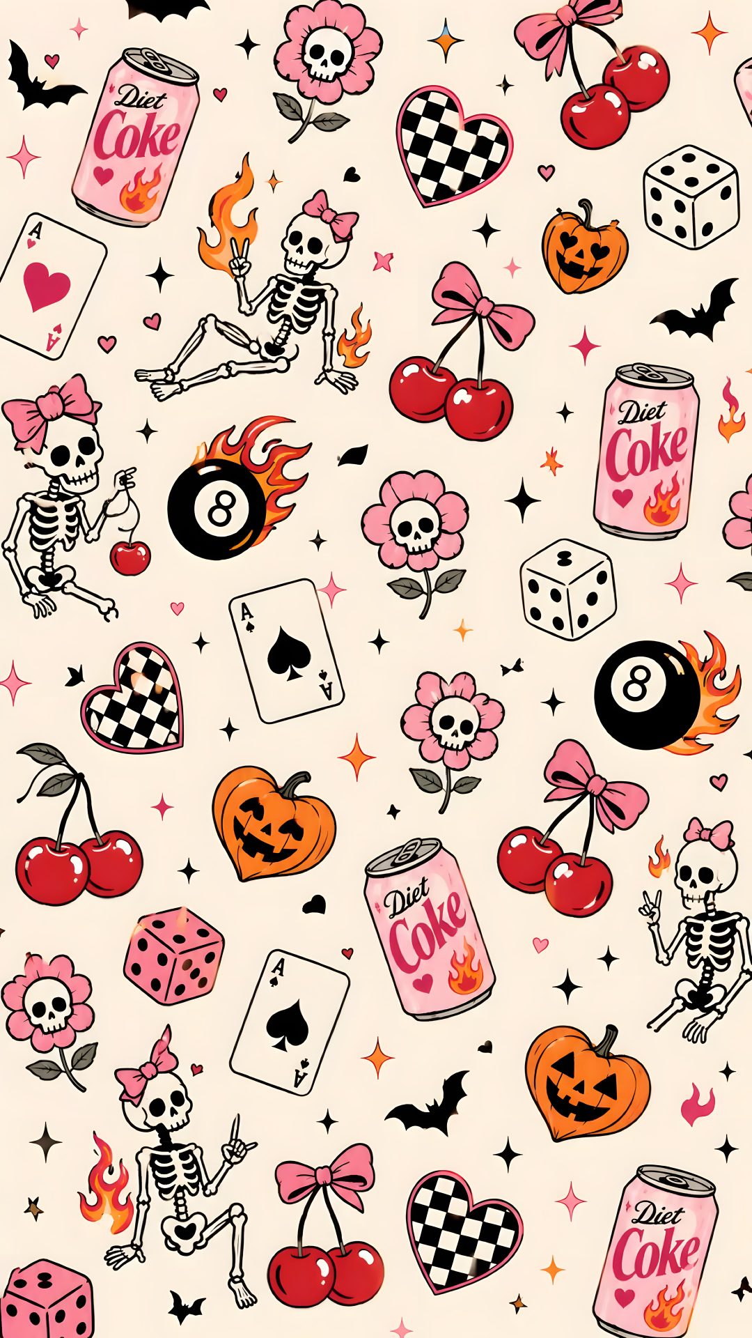 a pattern with skulls, dices and hearts on it Halloween Cherry linen