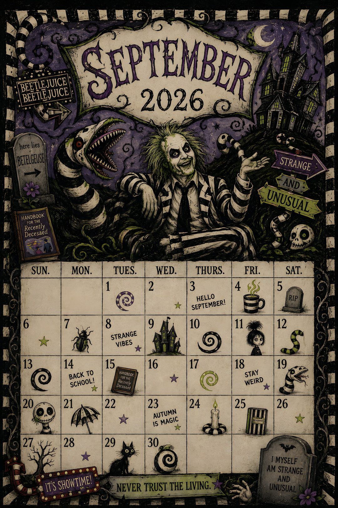 a calendar with an image of a skeleton on it Halloween Calendar Halloween, dark olive green