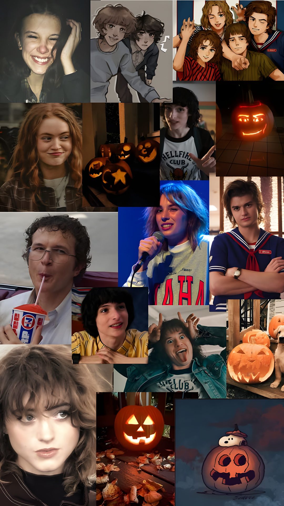 a collage of people with pumpkins and jack - o'- lantern faces Matching Stranger Things And Halloween Characters dark slate gray