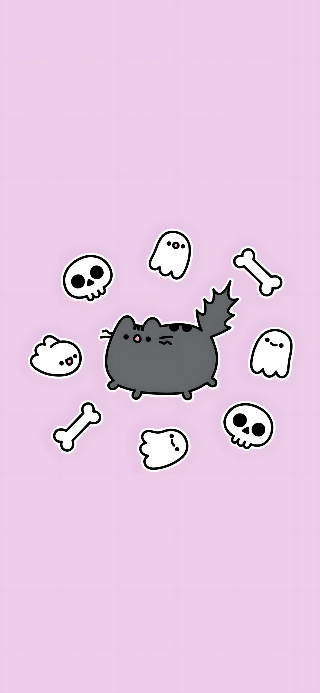 a black cat is surrounded by skulls and bones on a pink background with the words hello kitty written below it Halloween Kitty Lilac Custom gainsboro