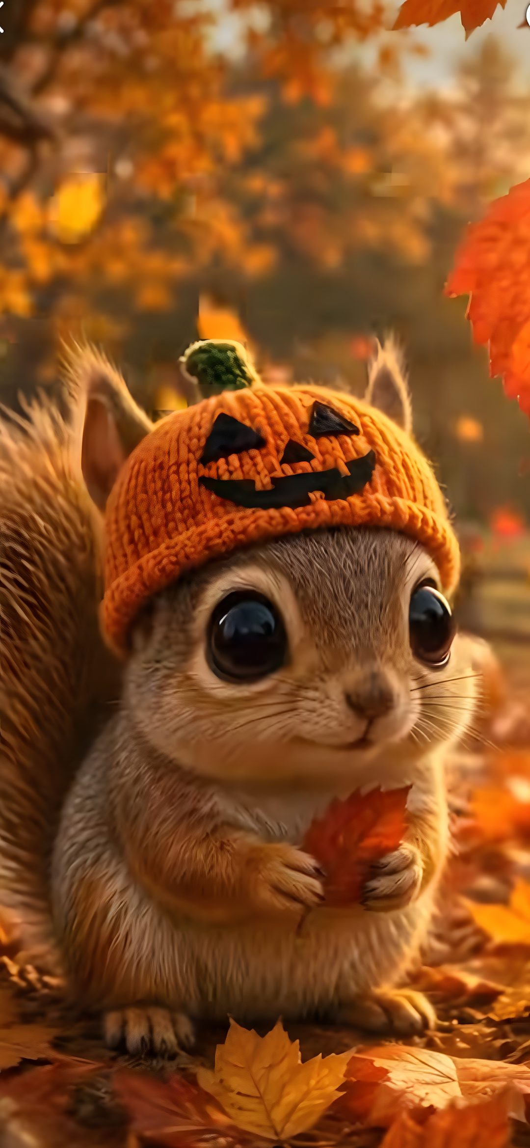 a squirrel wearing a knitted pumpkin hat and holding an acorn in its paws Squirrel Halloween saddle brown