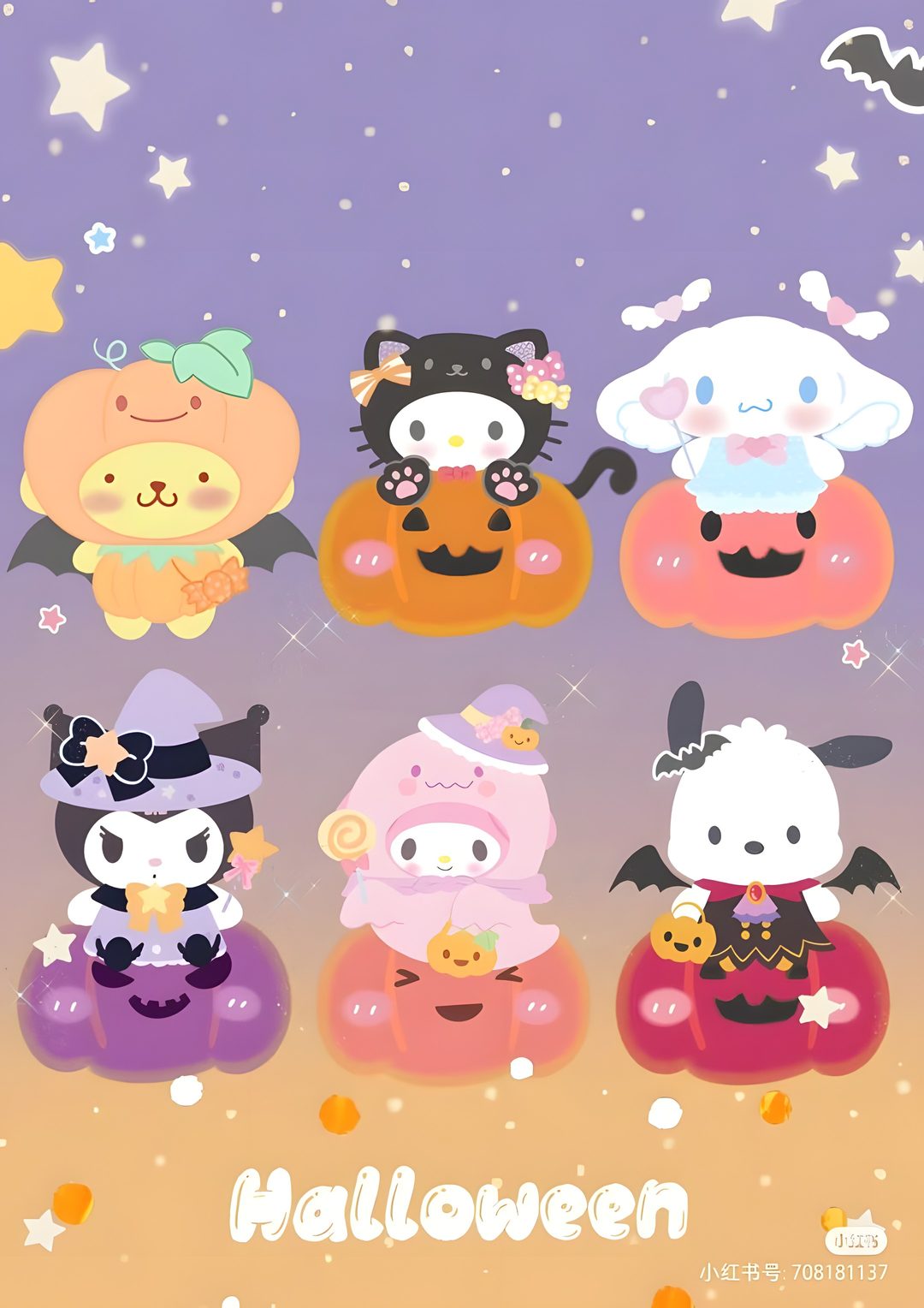 some cute little animals sitting on top of pumpkins and bats in the night sky Kawaii Sanrio Halloween dark gray