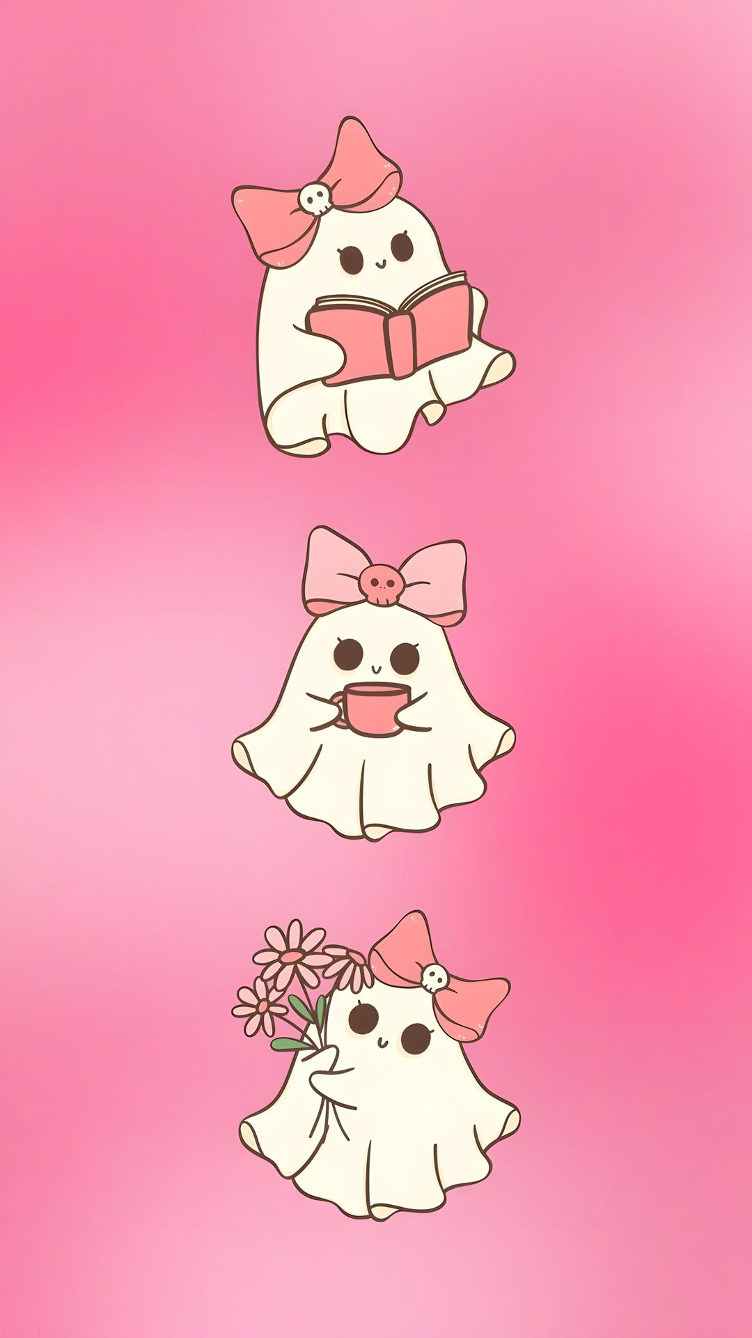 three little white dogs with pink bows on their heads, one holding a flower and the other reading a book Aesthetic Pastel Pink Halloween light pink