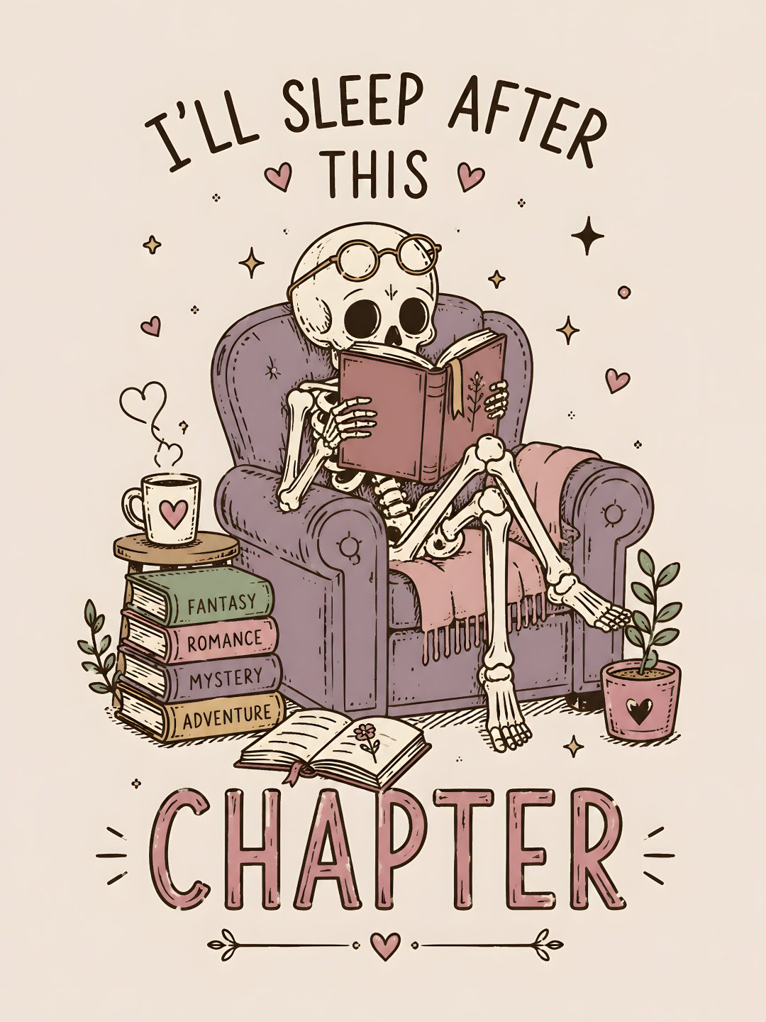 a skeleton sitting in a chair reading a book Halloween Reading antique white