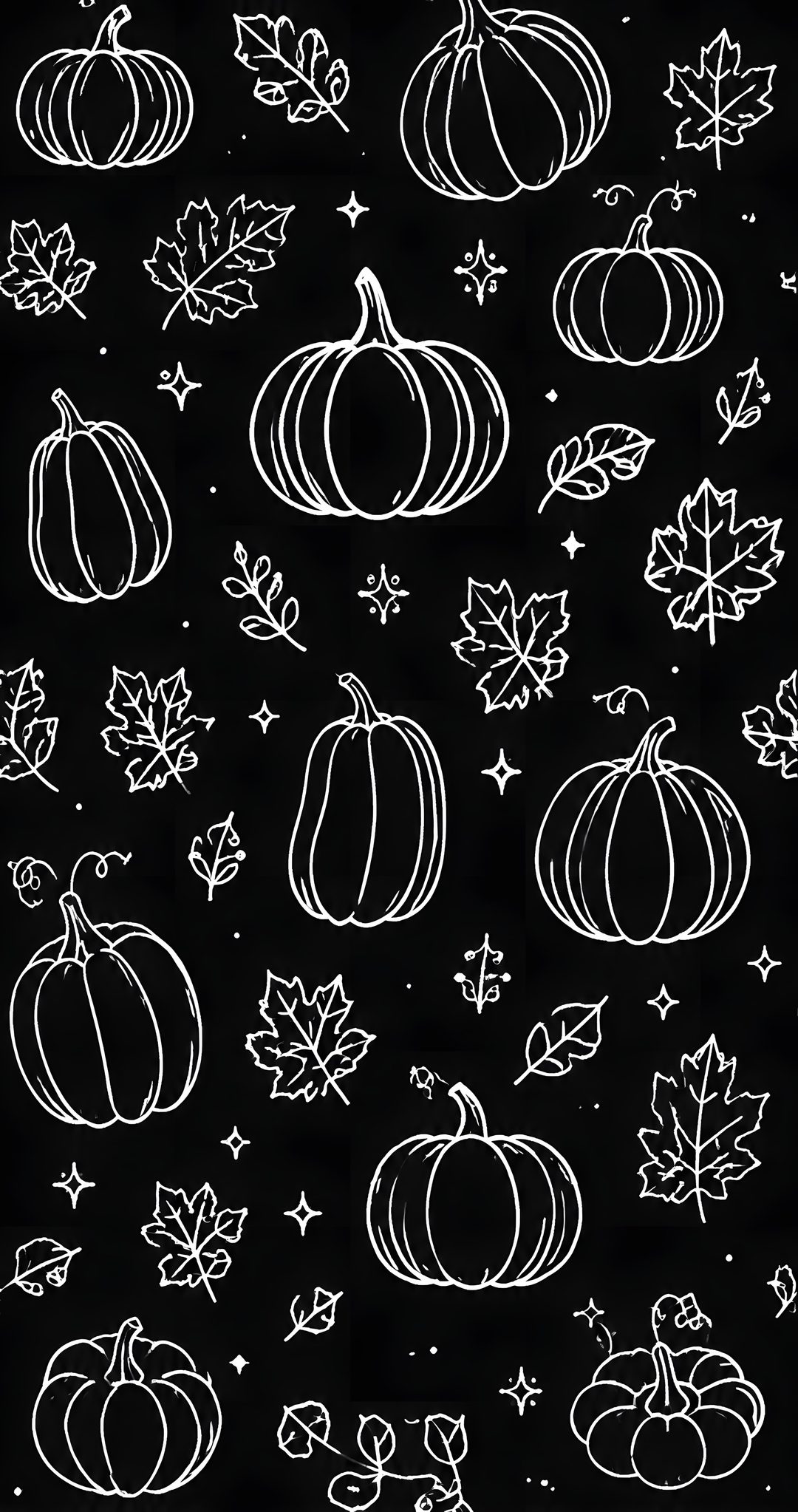a black and white drawing of pumpkins with leaves on the ground in front of them Halloween Chalkboard black